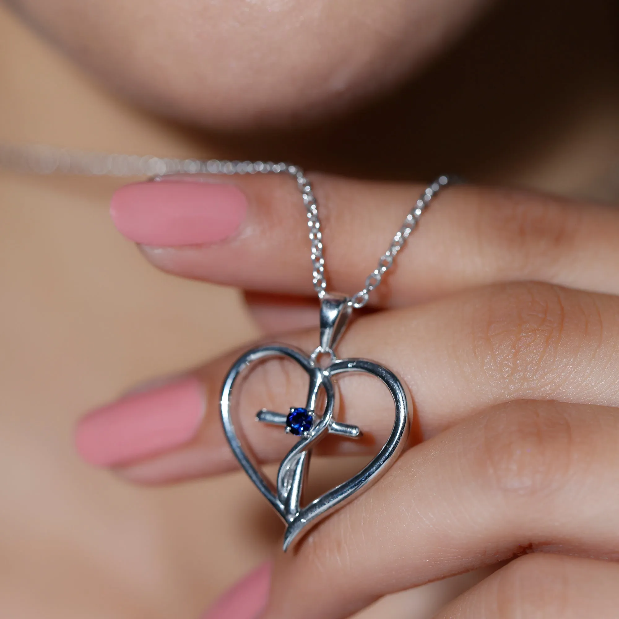 Natural Blue Sapphire Heart Cross Necklace for Women