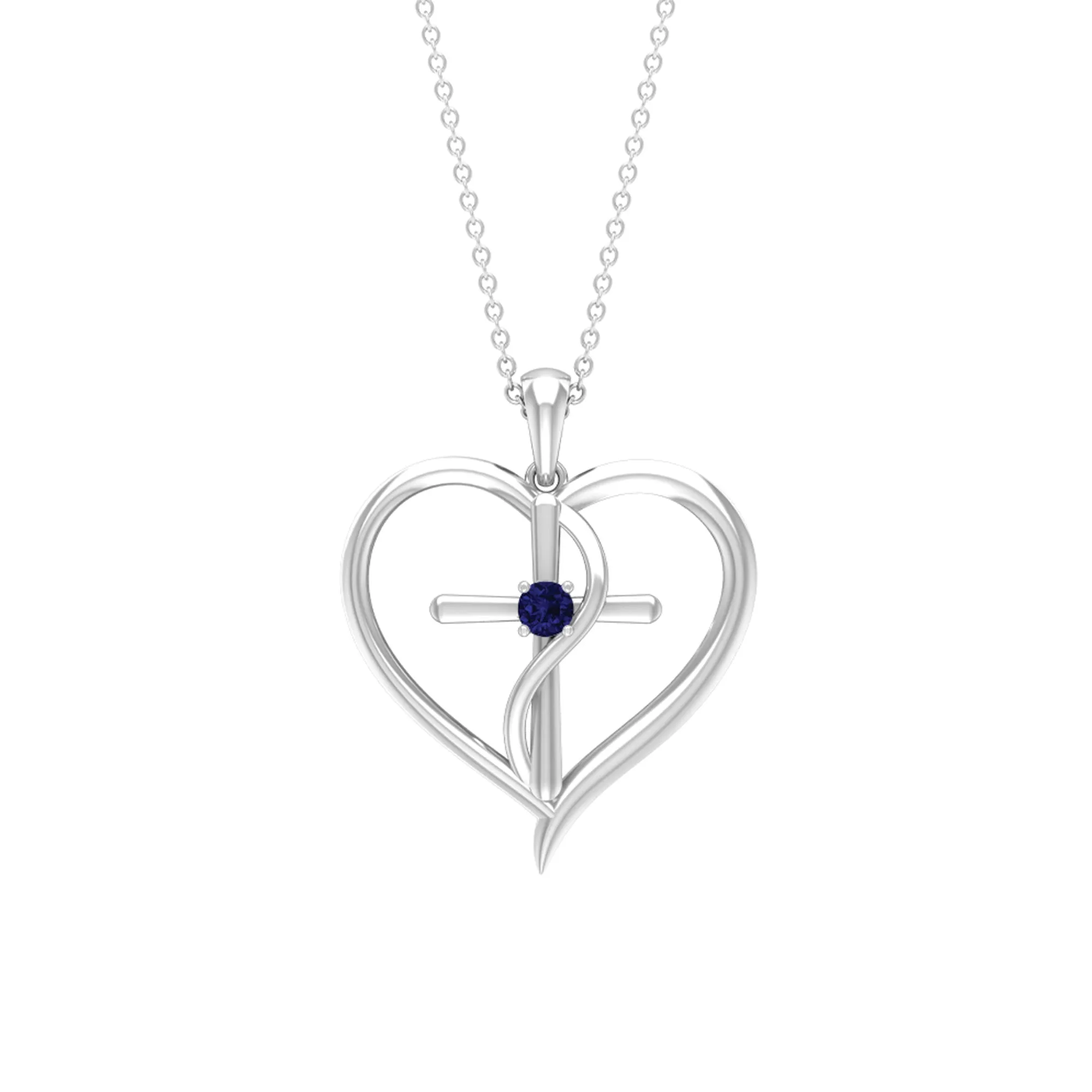 Natural Blue Sapphire Heart Cross Necklace for Women