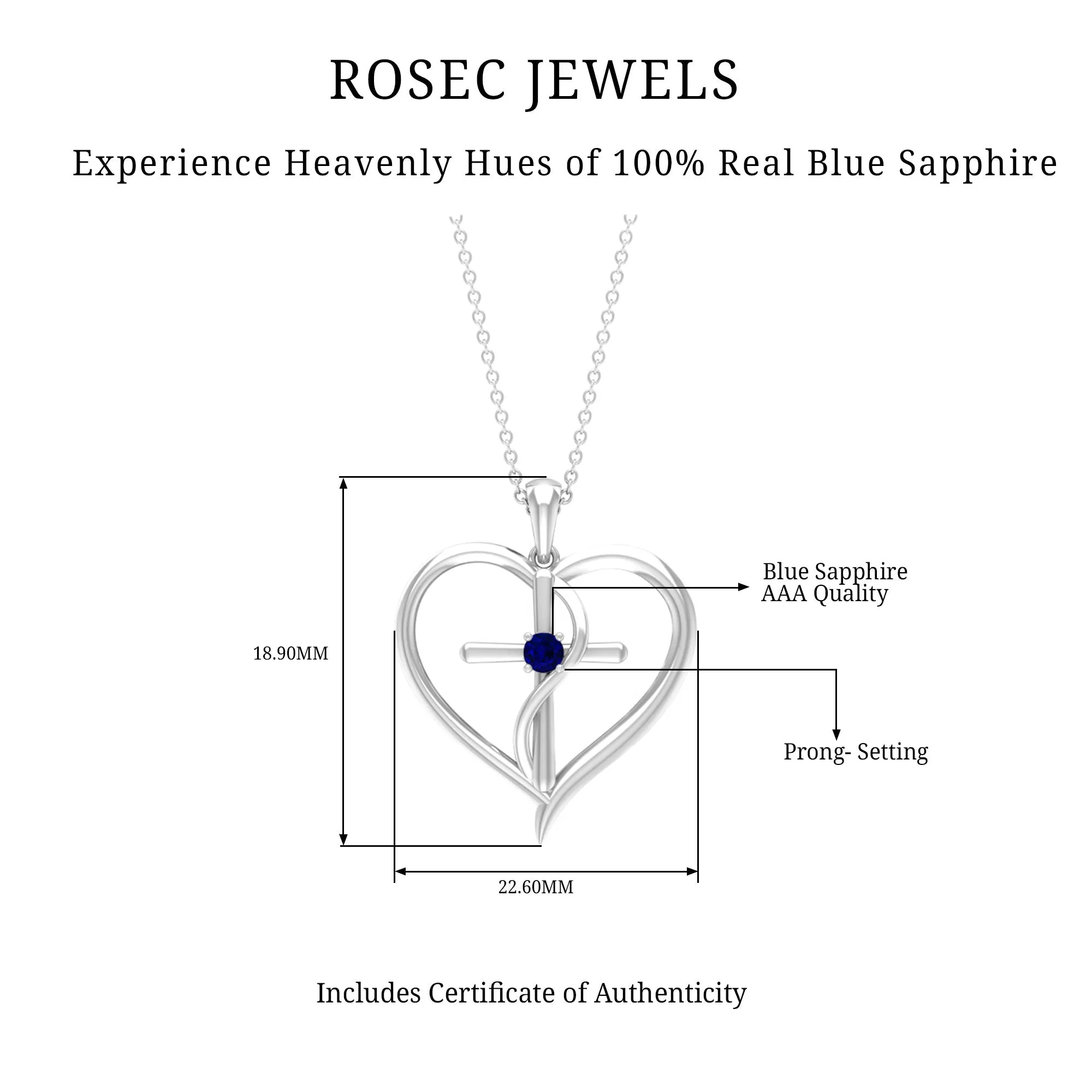 Natural Blue Sapphire Heart Cross Necklace for Women