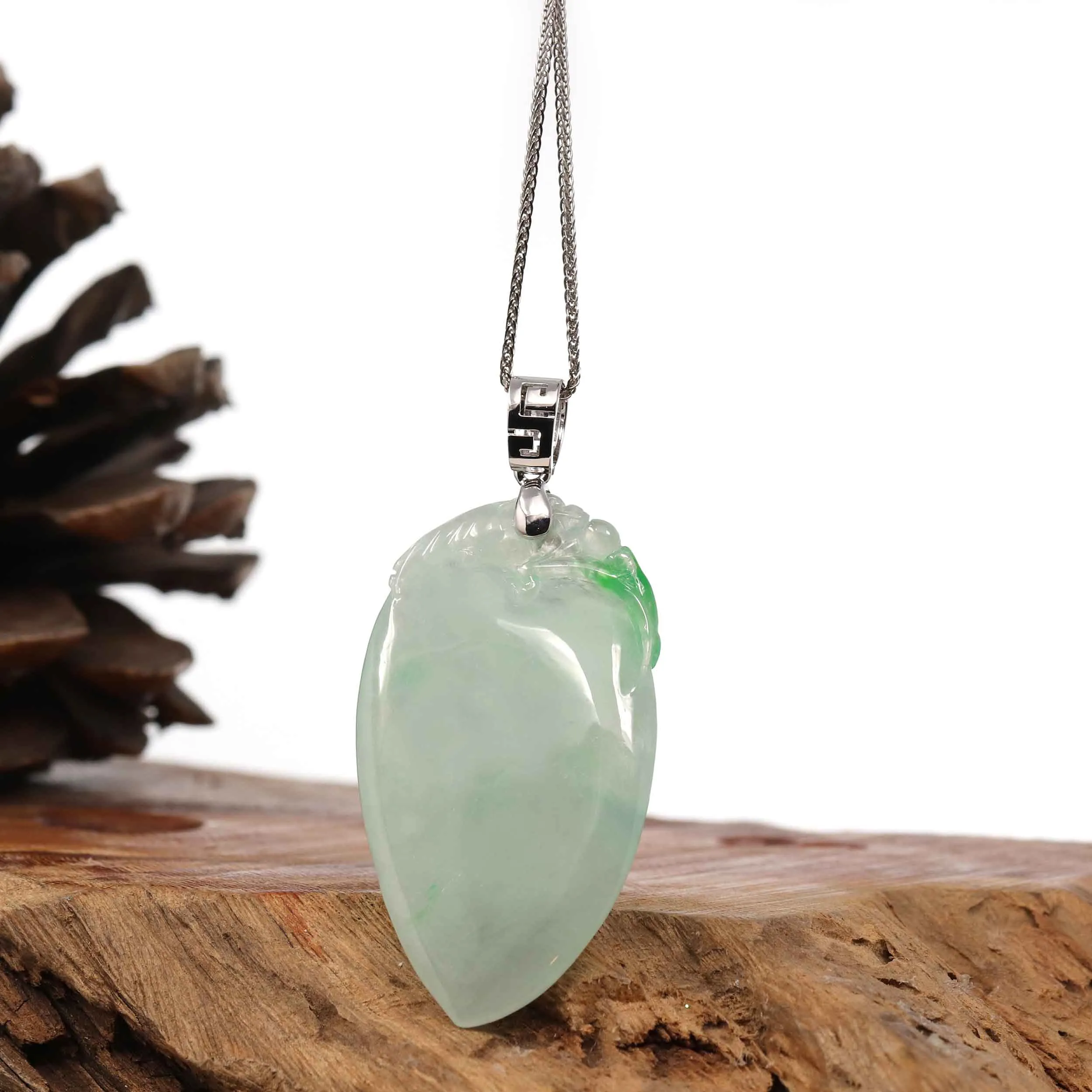 Natural Ice Lavender Jadeite Jade Shou Tao ( Longevity Peach ) Necklace With 14k White Gold Bail
