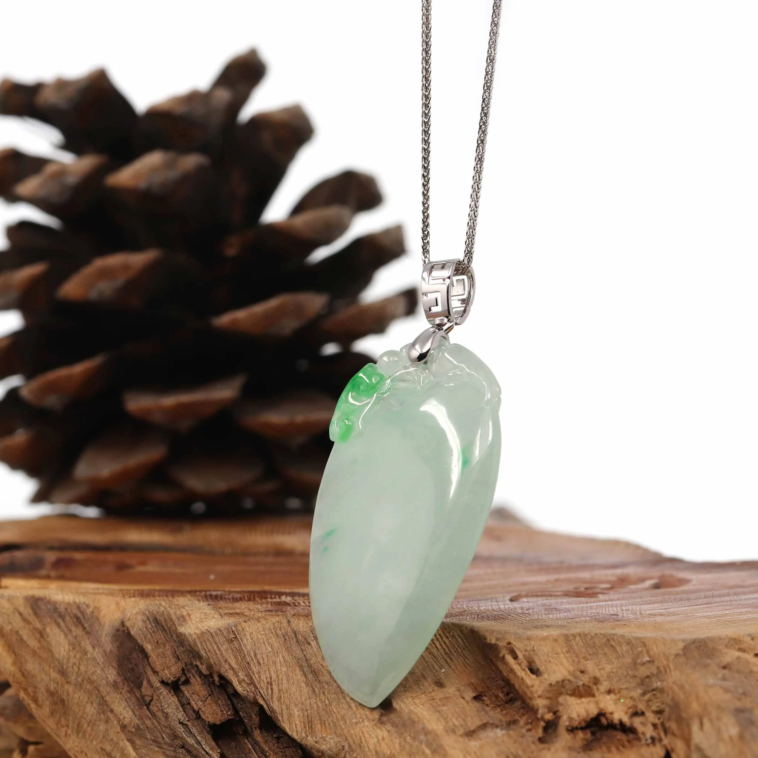 Natural Ice Lavender Jadeite Jade Shou Tao ( Longevity Peach ) Necklace With 14k White Gold Bail
