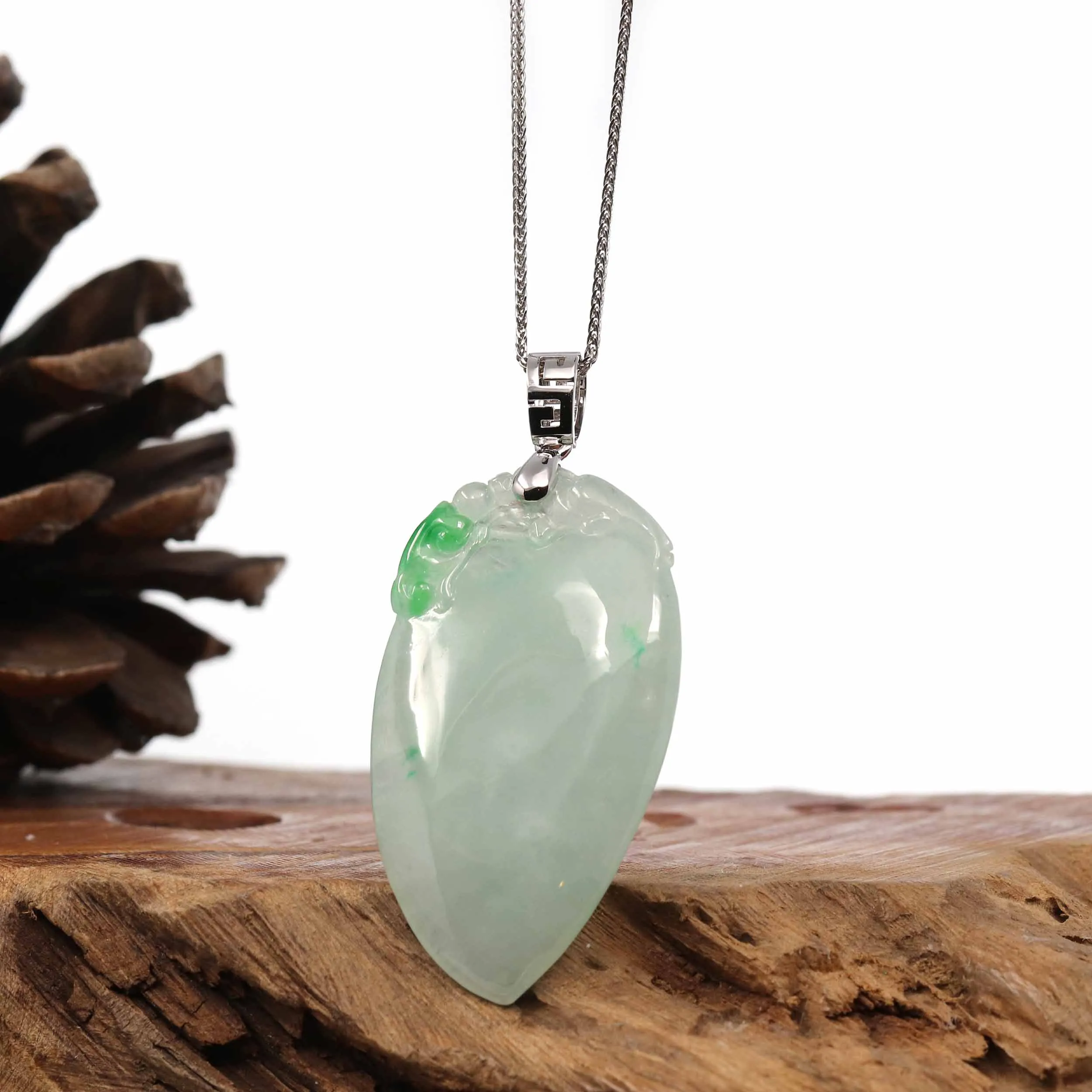 Natural Ice Lavender Jadeite Jade Shou Tao ( Longevity Peach ) Necklace With 14k White Gold Bail