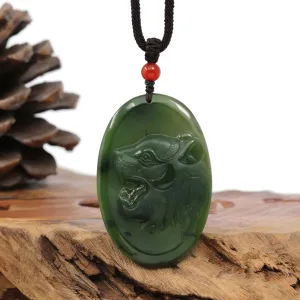 Natural Jade 12 Zodiac: Nephrite Jade Tiger Pendant Necklace in Deep Green