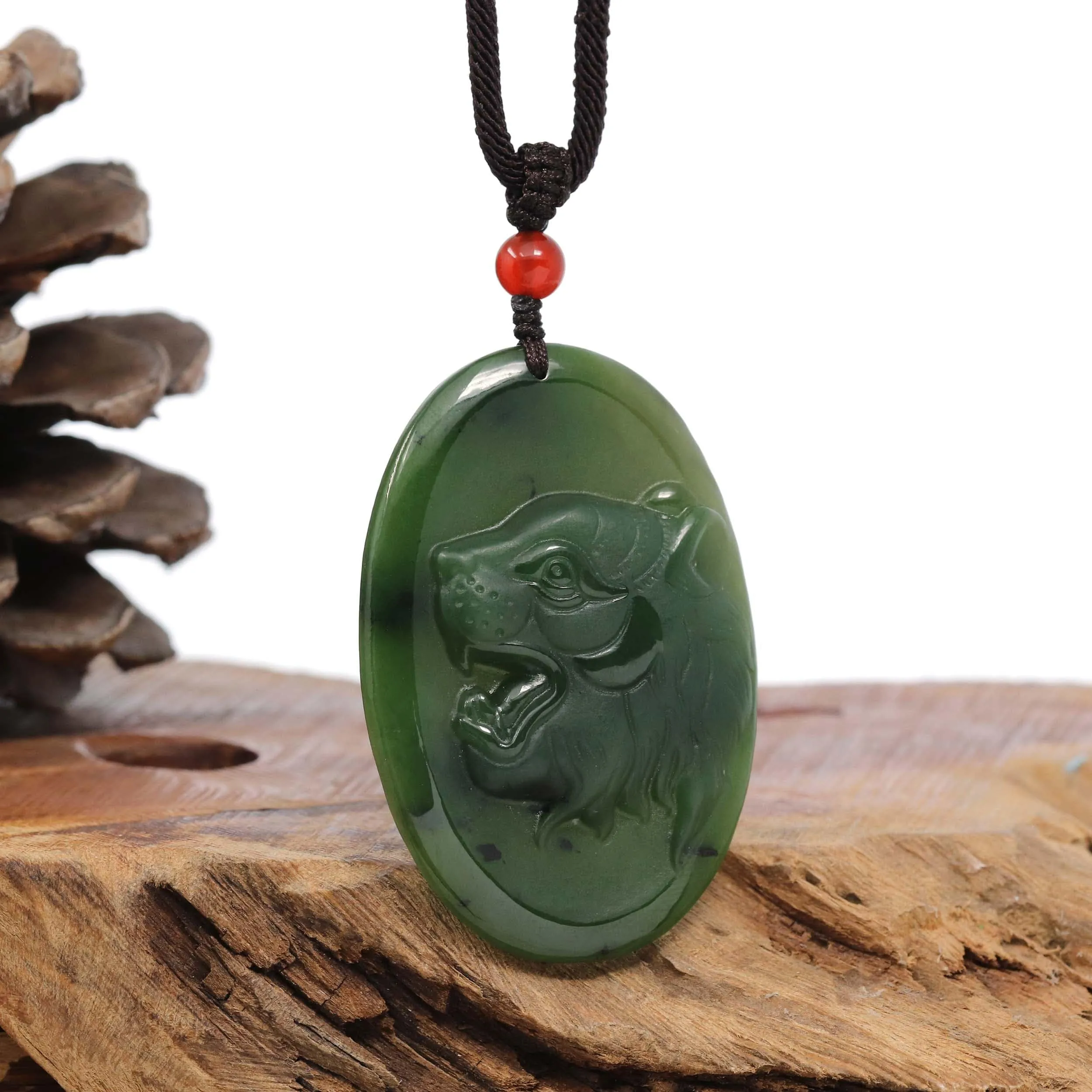 Natural Jade 12 Zodiac: Nephrite Jade Tiger Pendant Necklace in Deep Green