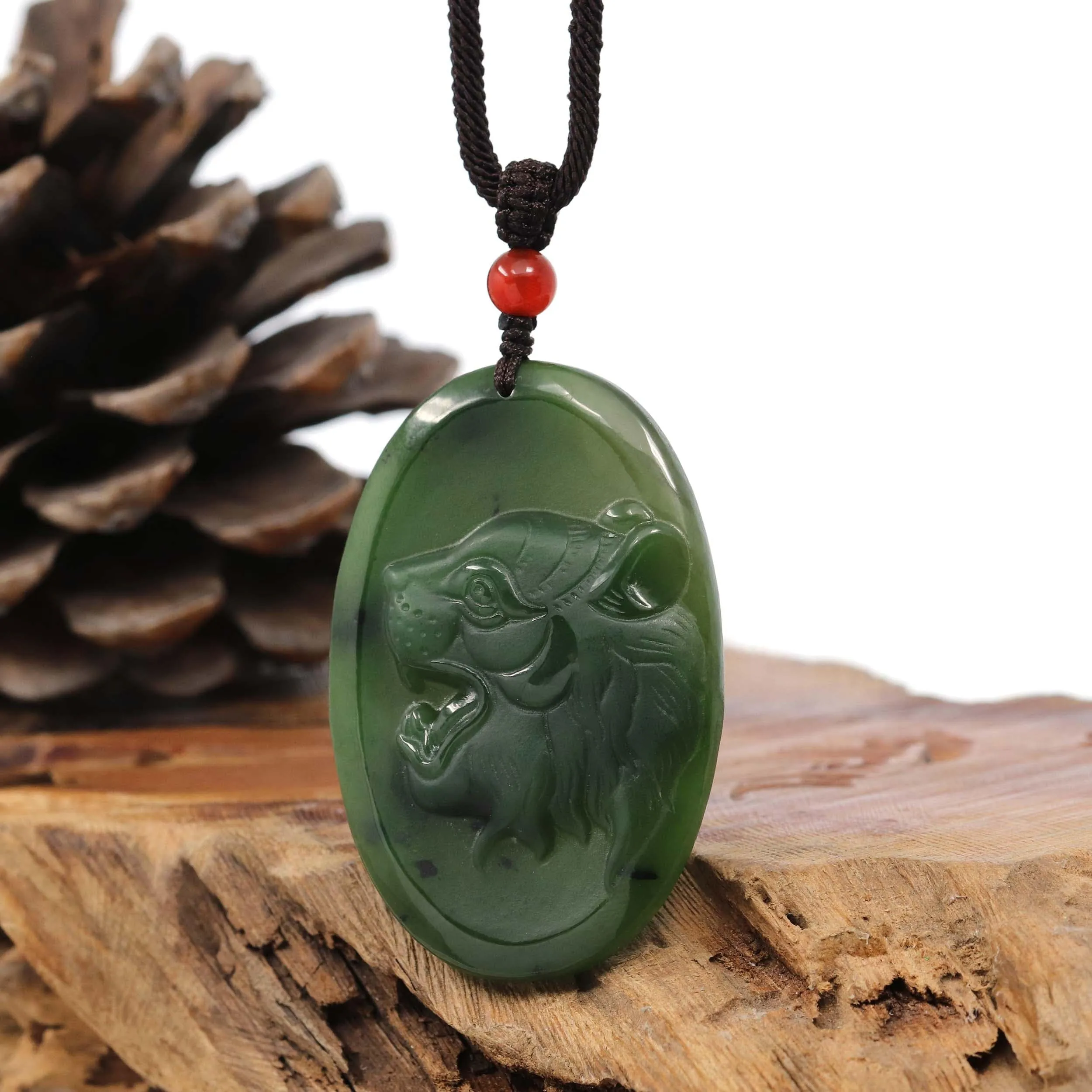 Natural Jade 12 Zodiac: Nephrite Jade Tiger Pendant Necklace in Deep Green