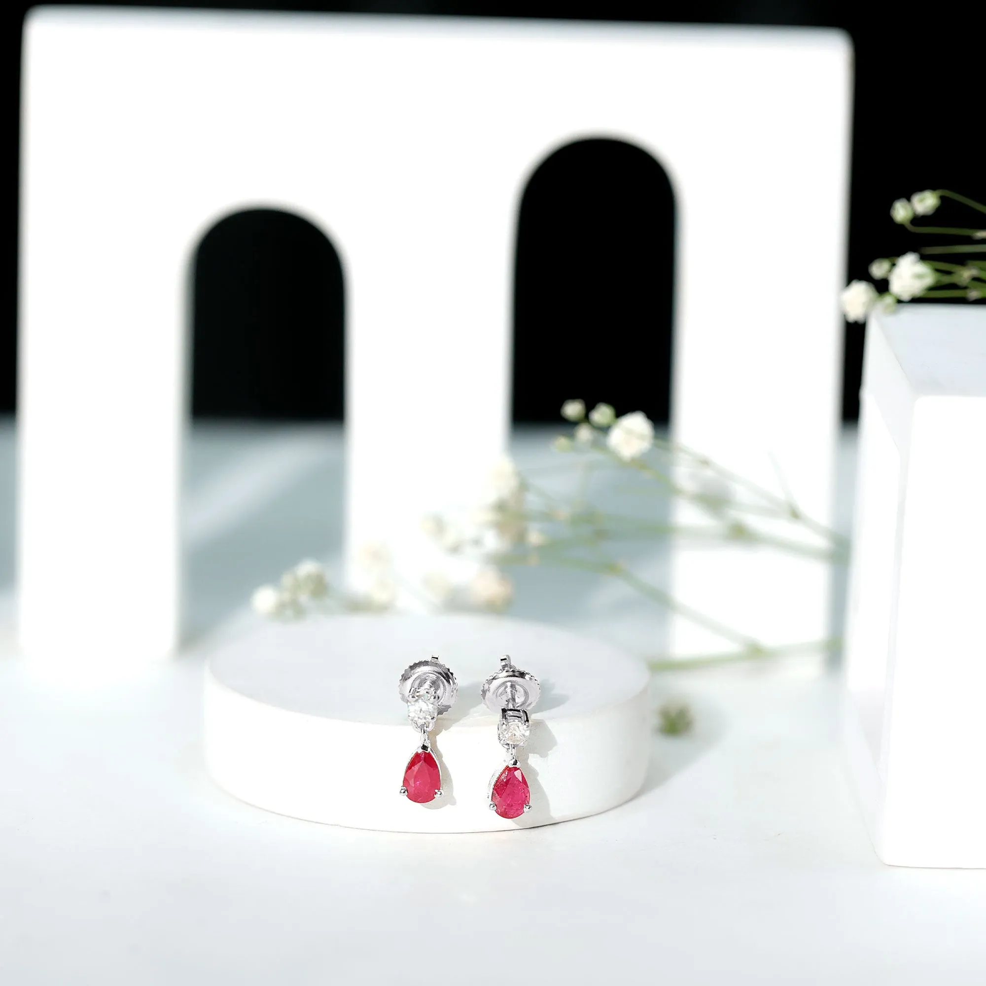 Natural Red Ruby Dangle Drop Earrings with Moissanite forWomen