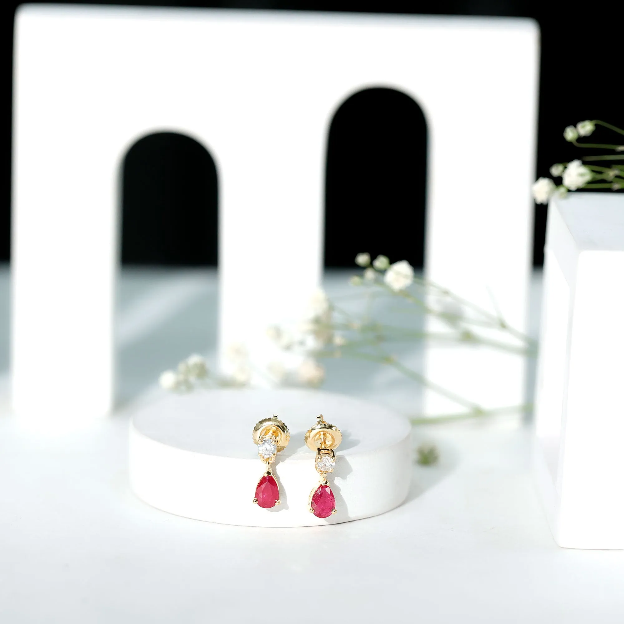 Natural Red Ruby Dangle Drop Earrings with Moissanite forWomen