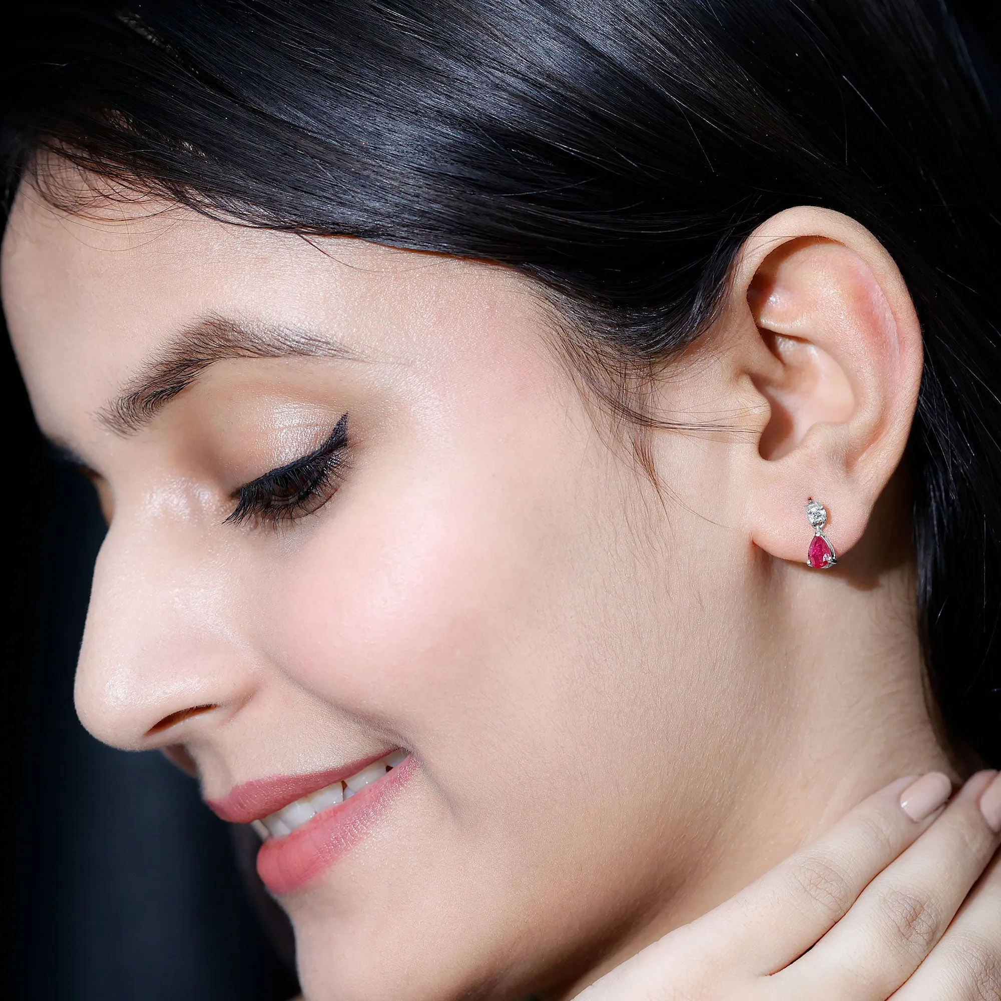 Natural Red Ruby Dangle Drop Earrings with Moissanite forWomen