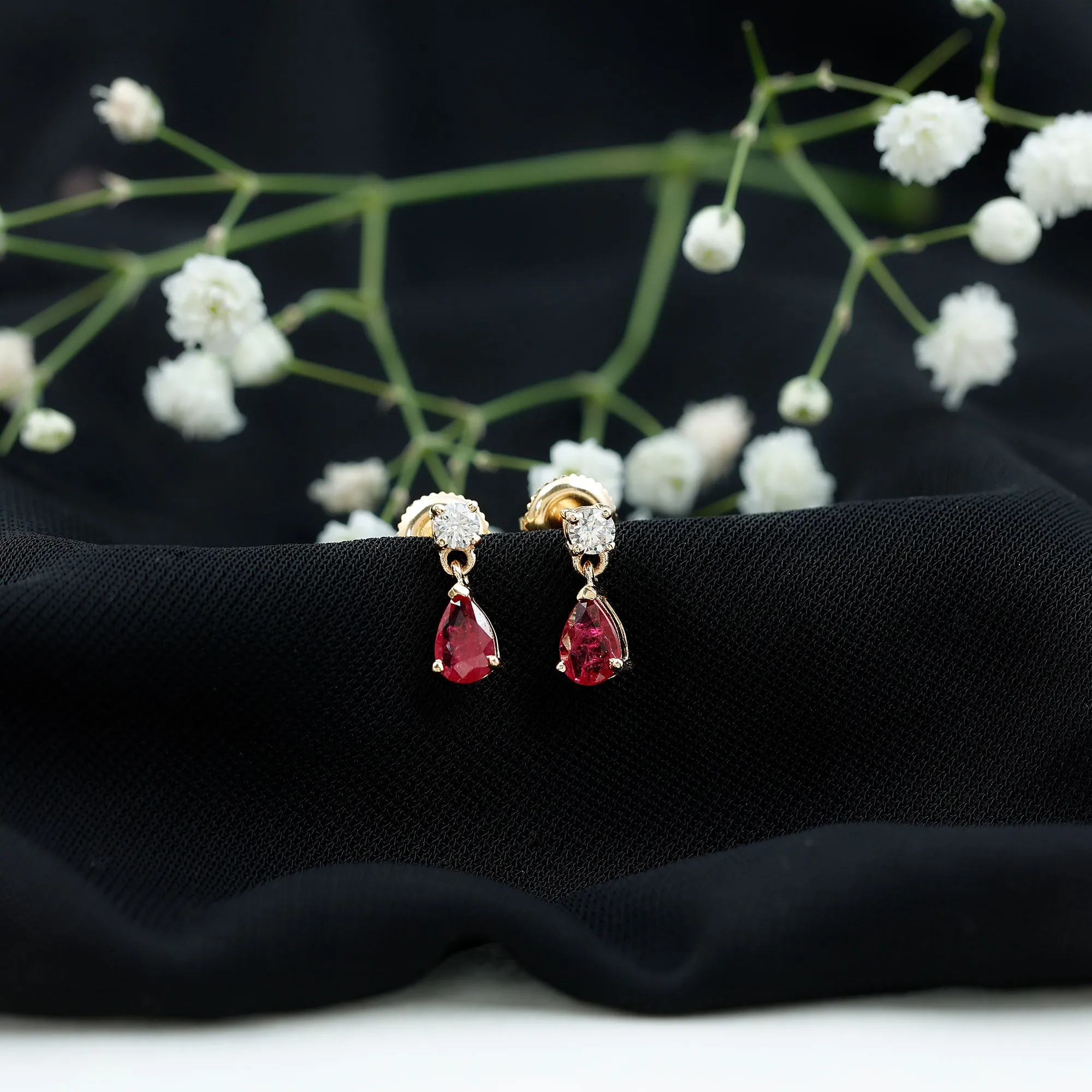 Natural Red Ruby Dangle Drop Earrings with Moissanite forWomen
