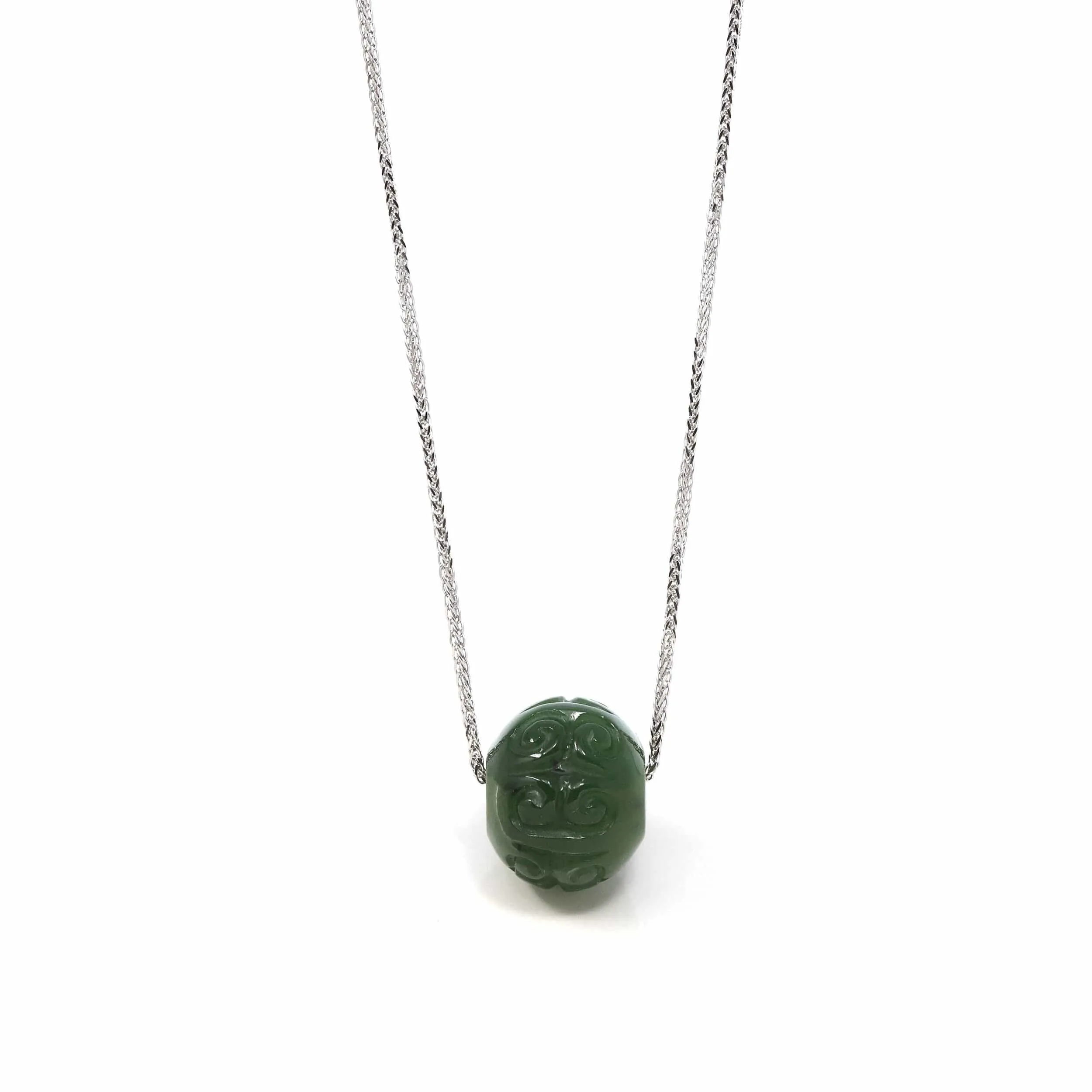 Nephrite Green Jade Bead Pendant Necklace With Lucky Pattern