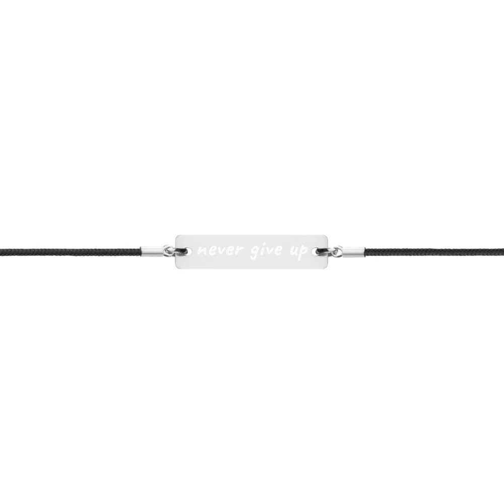 Never Give Up Engraved Silver Bar String Bracelet