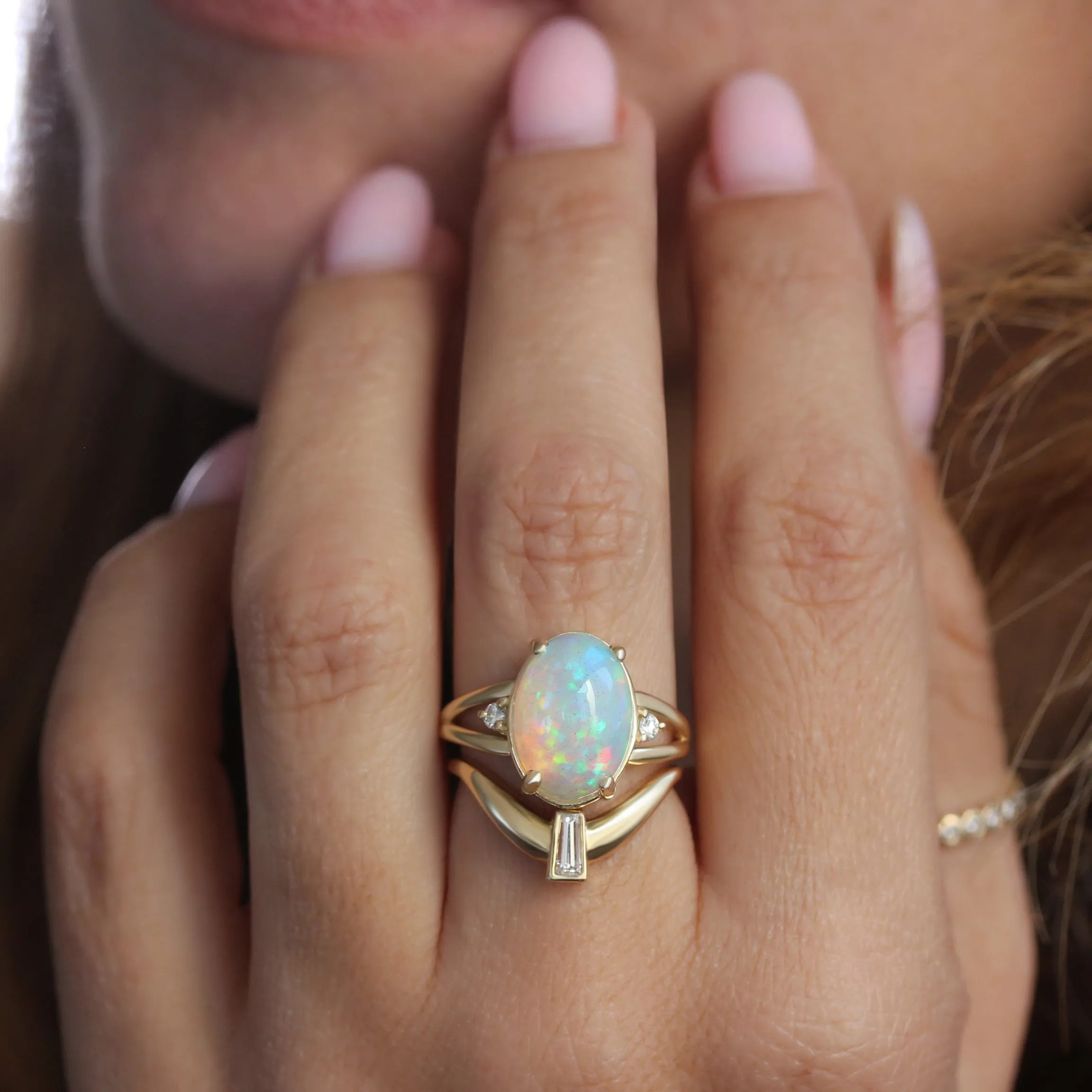 Oval Opal Cocktail Diamond Ring Yellow Gold October Birthstone
