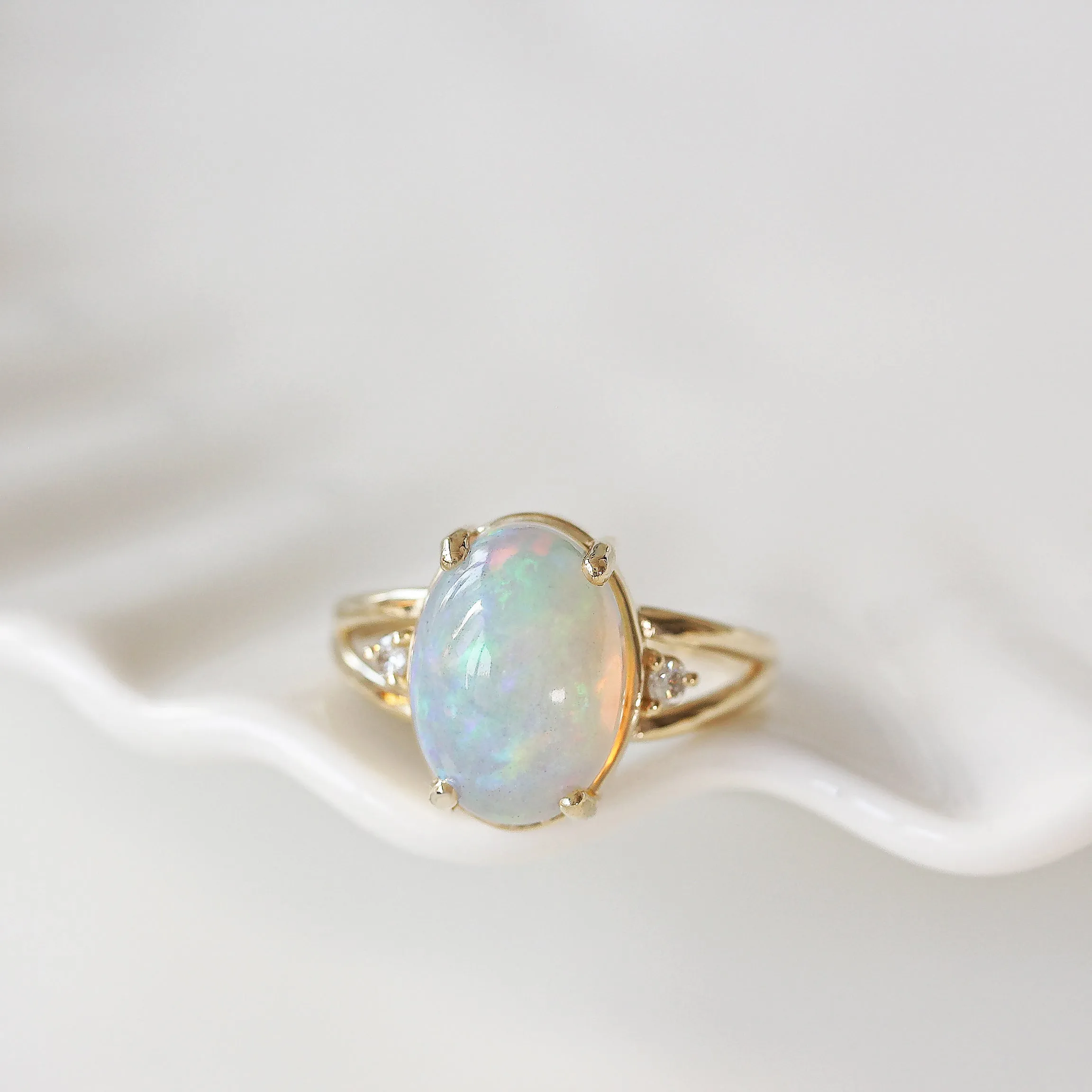 Oval Opal Cocktail Diamond Ring Yellow Gold October Birthstone