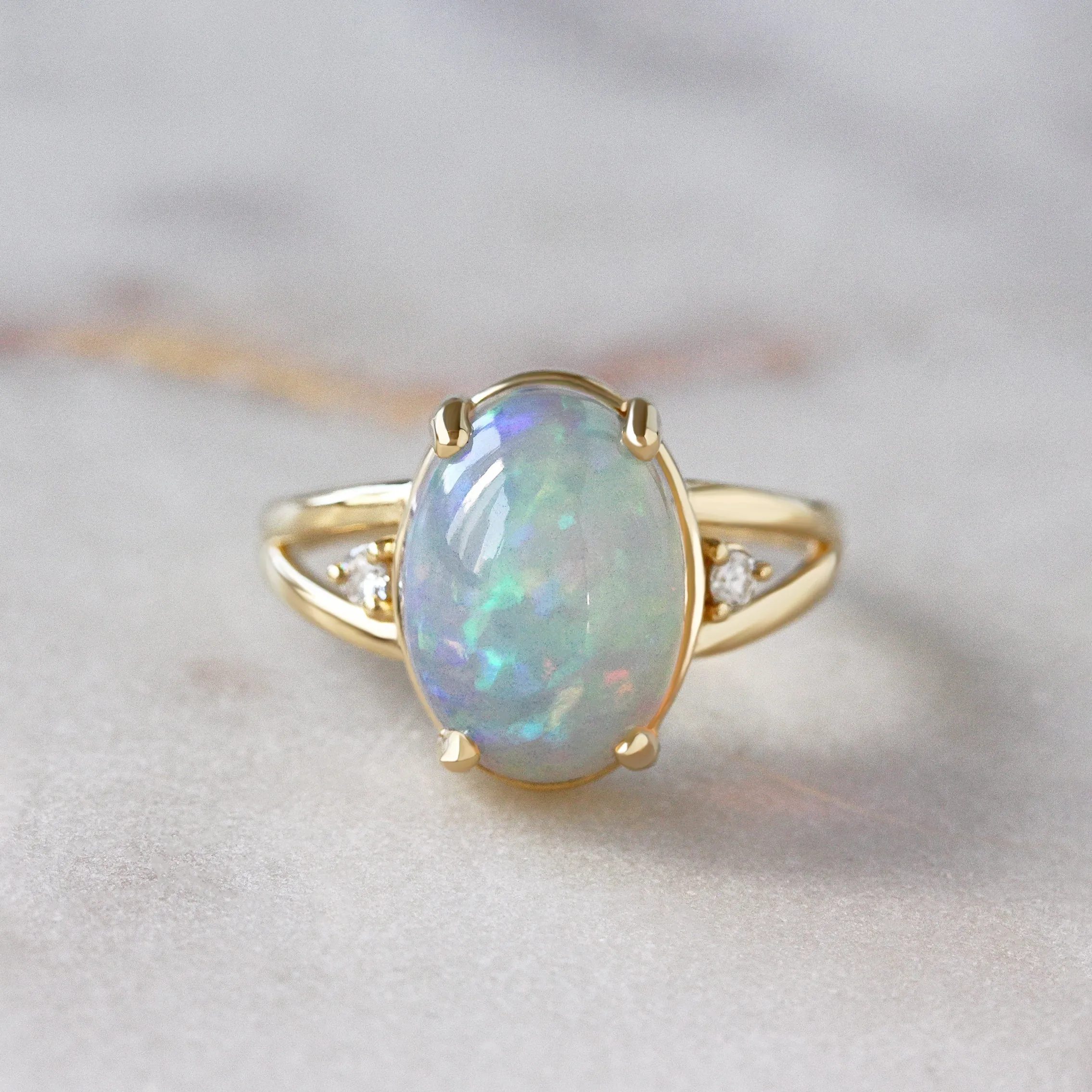 Oval Opal Cocktail Diamond Ring Yellow Gold October Birthstone