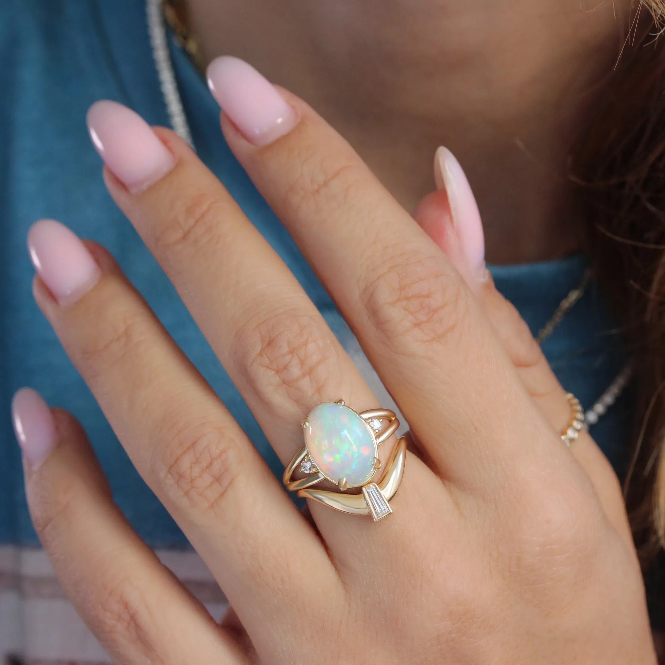 Oval Opal Cocktail Diamond Ring Yellow Gold October Birthstone