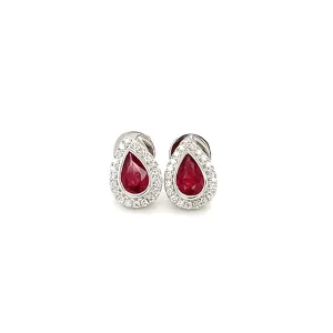 Pear Ruby Stud Earrings with Diamond Halo in 18K White Gold