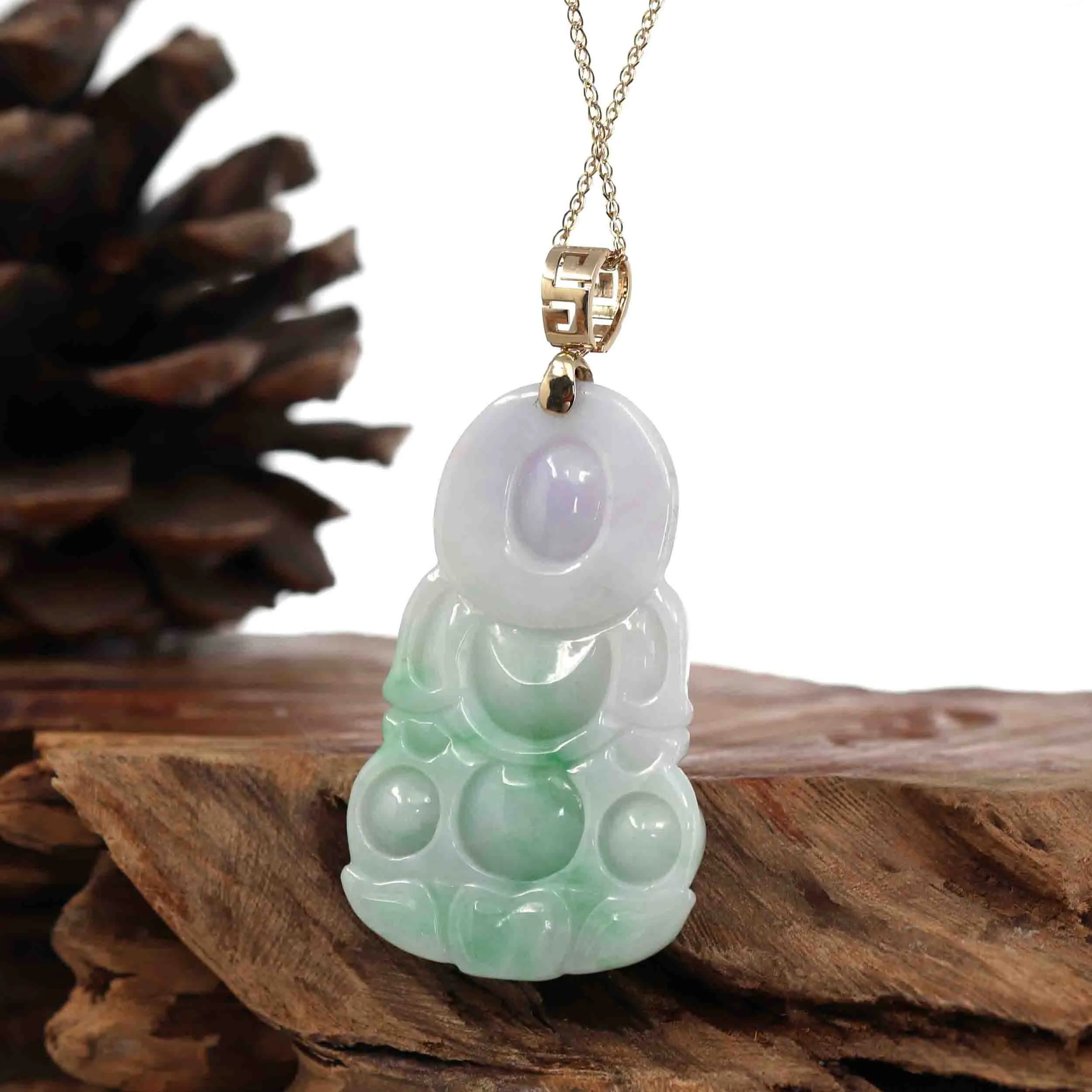 "Goddess of Compassion " 14k Yellow Gold Genuine Burmese Jadeite Jade Guanyin Necklace With Good Luck Design
