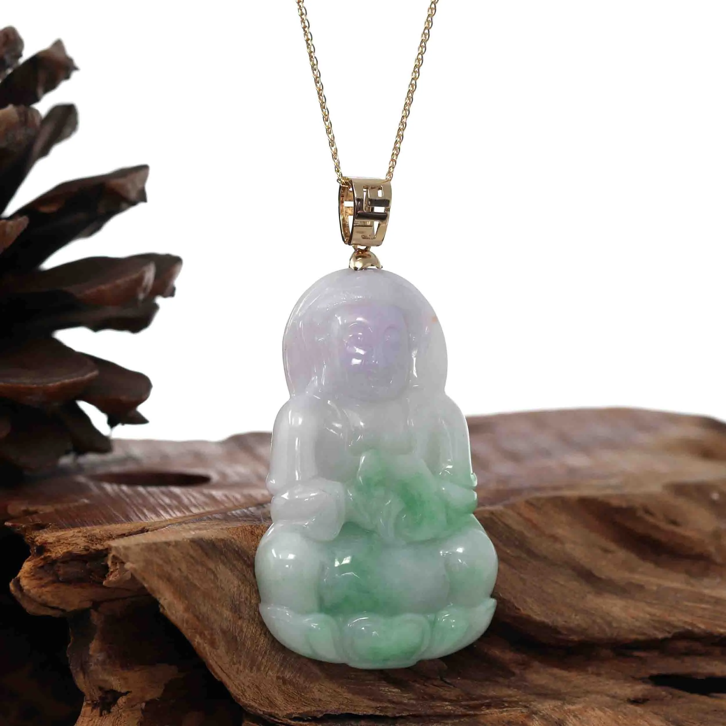 "Goddess of Compassion " 14k Yellow Gold Genuine Burmese Jadeite Jade Guanyin Necklace With Good Luck Design