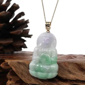 "Goddess of Compassion " 14k Yellow Gold Genuine Burmese Jadeite Jade Guanyin Necklace With Good Luck Design