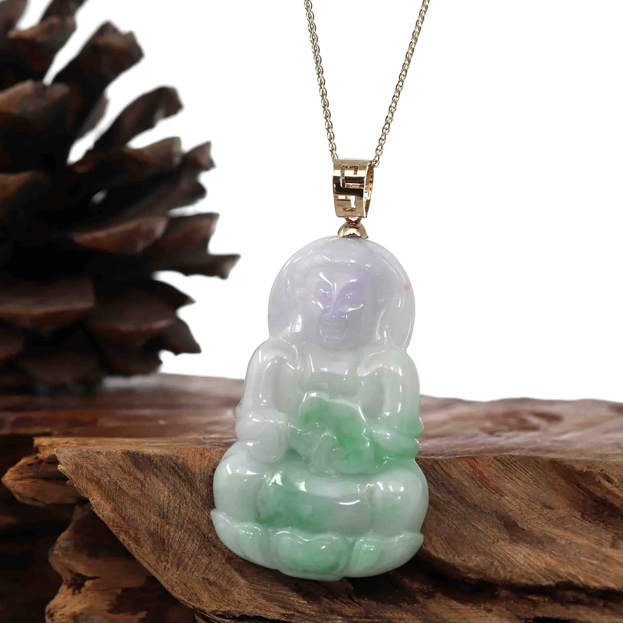 "Goddess of Compassion " 14k Yellow Gold Genuine Burmese Jadeite Jade Guanyin Necklace With Good Luck Design