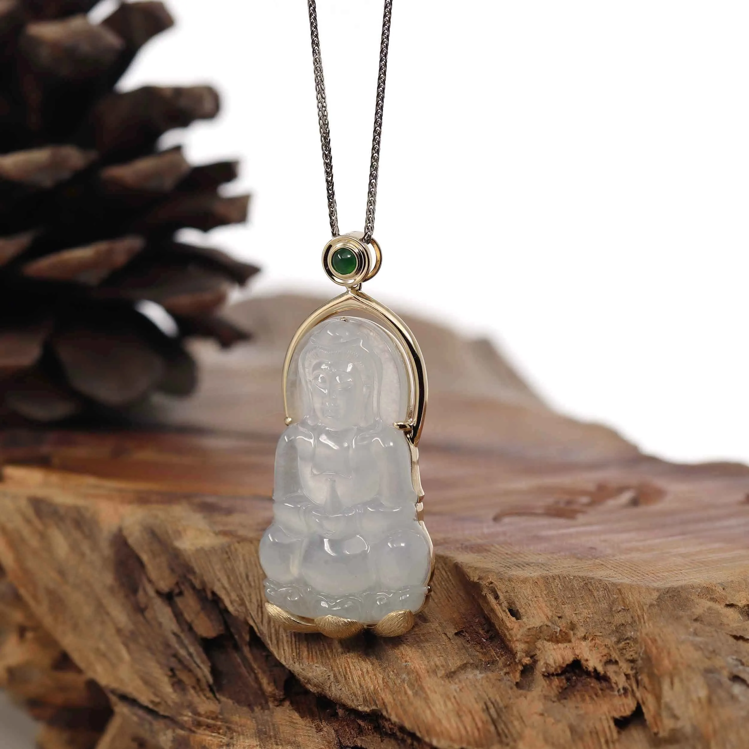 RealJade® Co. 14k Gold "Goddess of Compassion" Genuine Burmese Jadeite Jade Guanyin Necklace