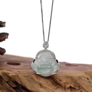 RealJade® Co. 14K White Gold Genuine Burmese Ice Blue-green Jadeite Jade Buddha Pendant with VS1 Diamonds