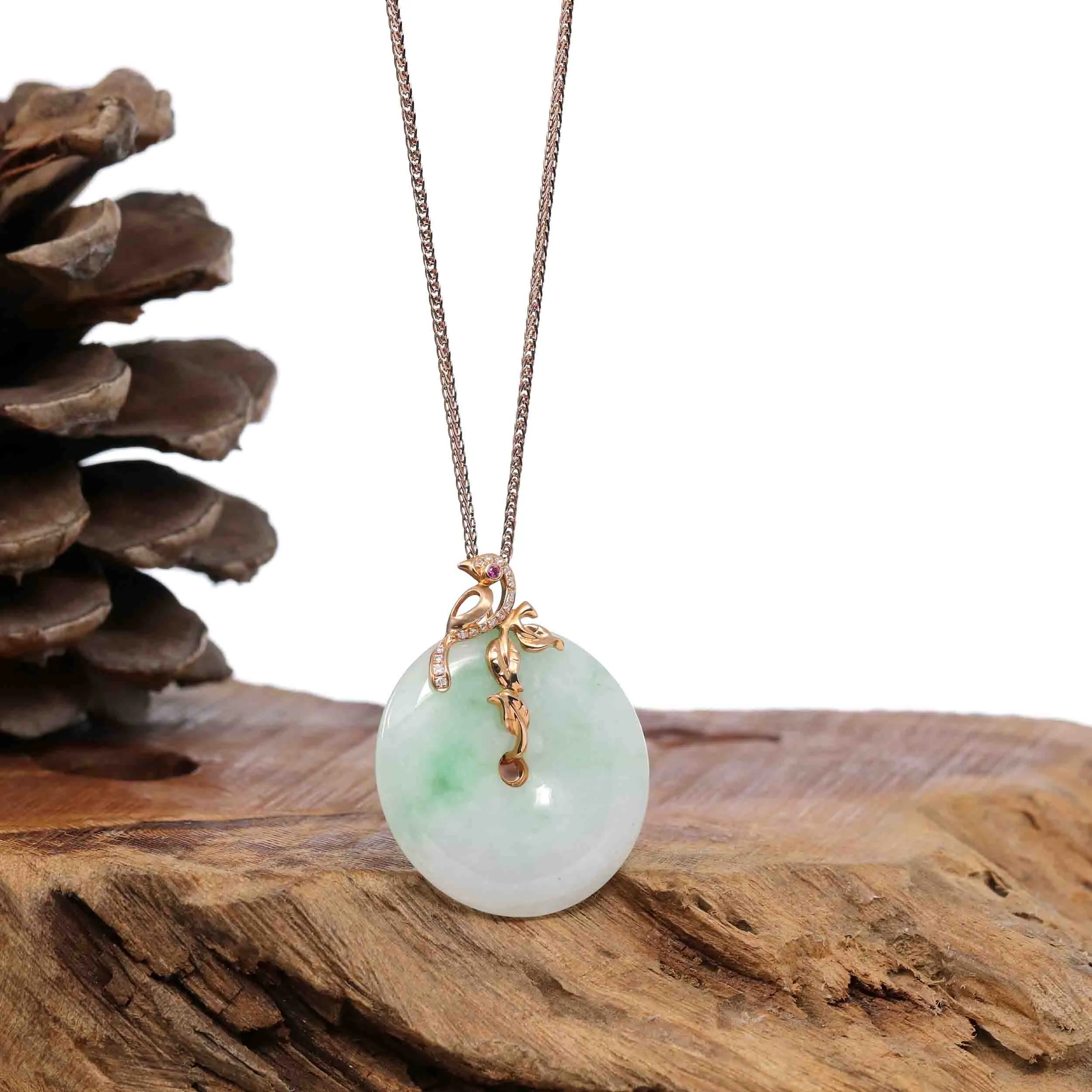 RealJade Co.® "Good Luck Birdie" 18k Rose Gold Genuine Burmese Jadeite Lucky Kou Kou Pendant Necklace With Ruby and Diamond