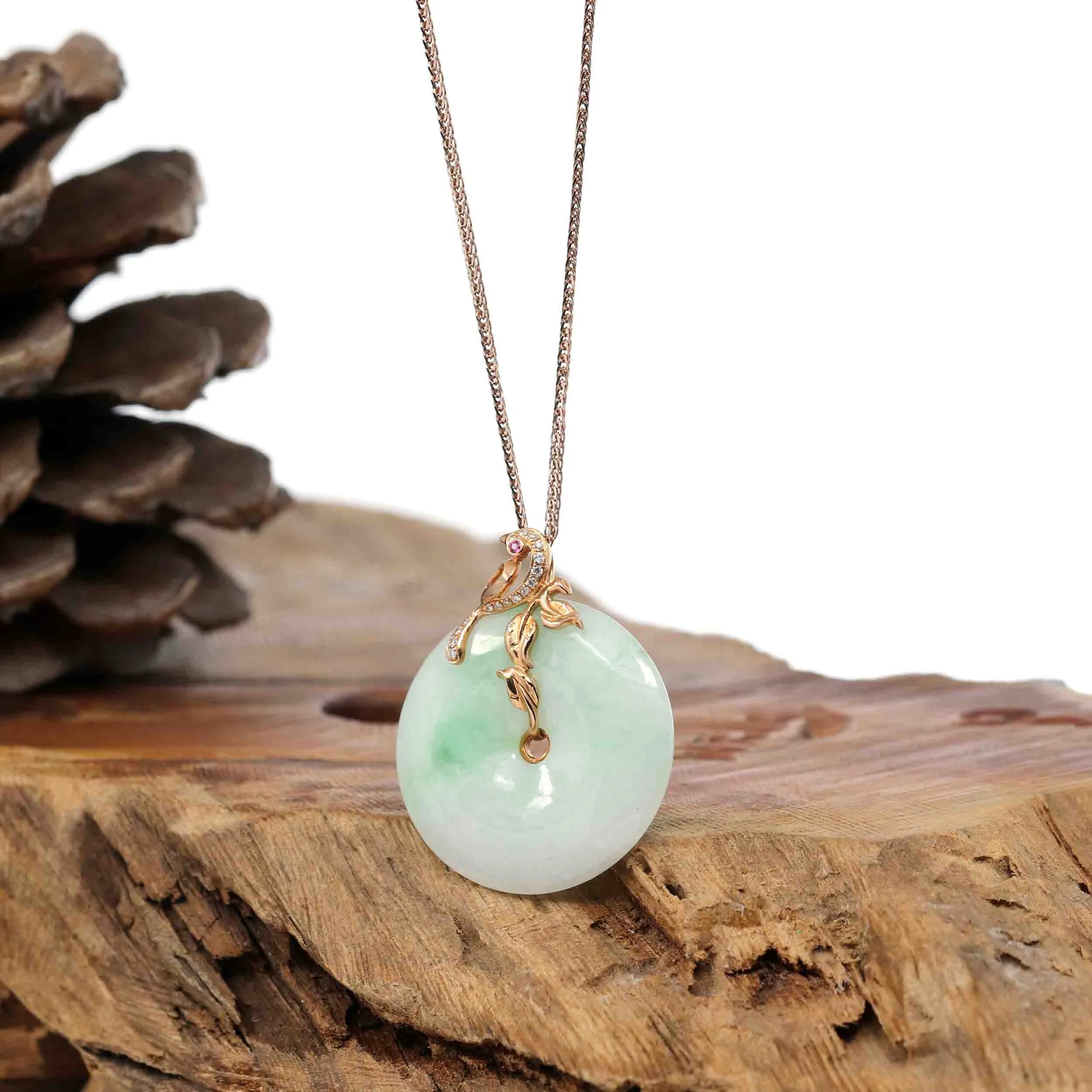 RealJade Co.® "Good Luck Birdie" 18k Rose Gold Genuine Burmese Jadeite Lucky Kou Kou Pendant Necklace With Ruby and Diamond