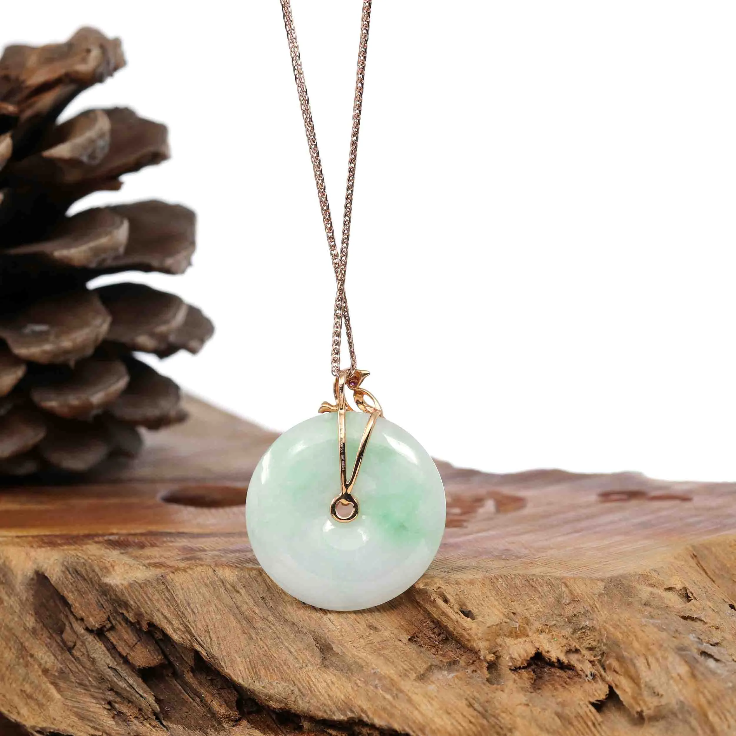 RealJade Co.® "Good Luck Birdie" 18k Rose Gold Genuine Burmese Jadeite Lucky Kou Kou Pendant Necklace With Ruby and Diamond
