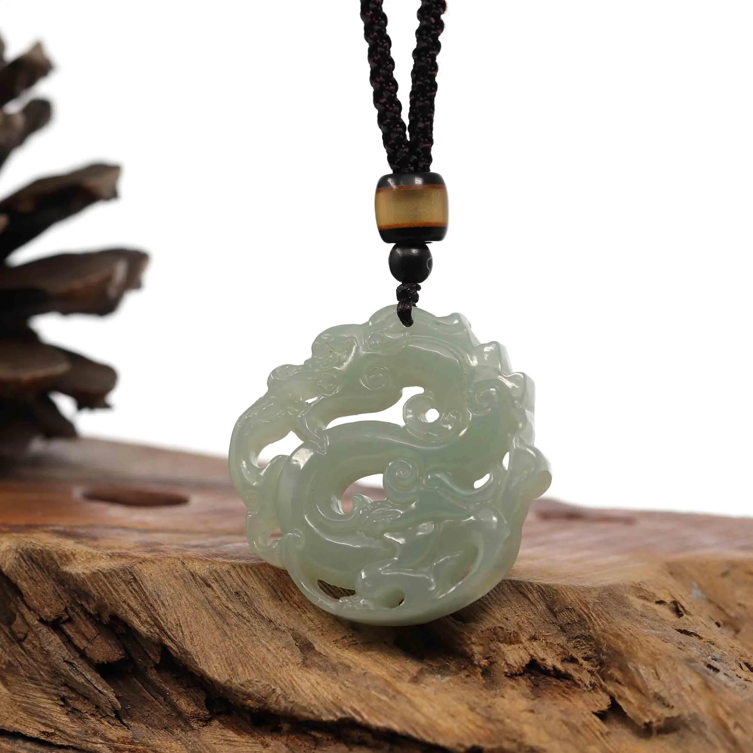 RealJade® Co. "Jade Dragon In Cloud" Genuine White Nephrite Jade Dragon Pendant Necklace