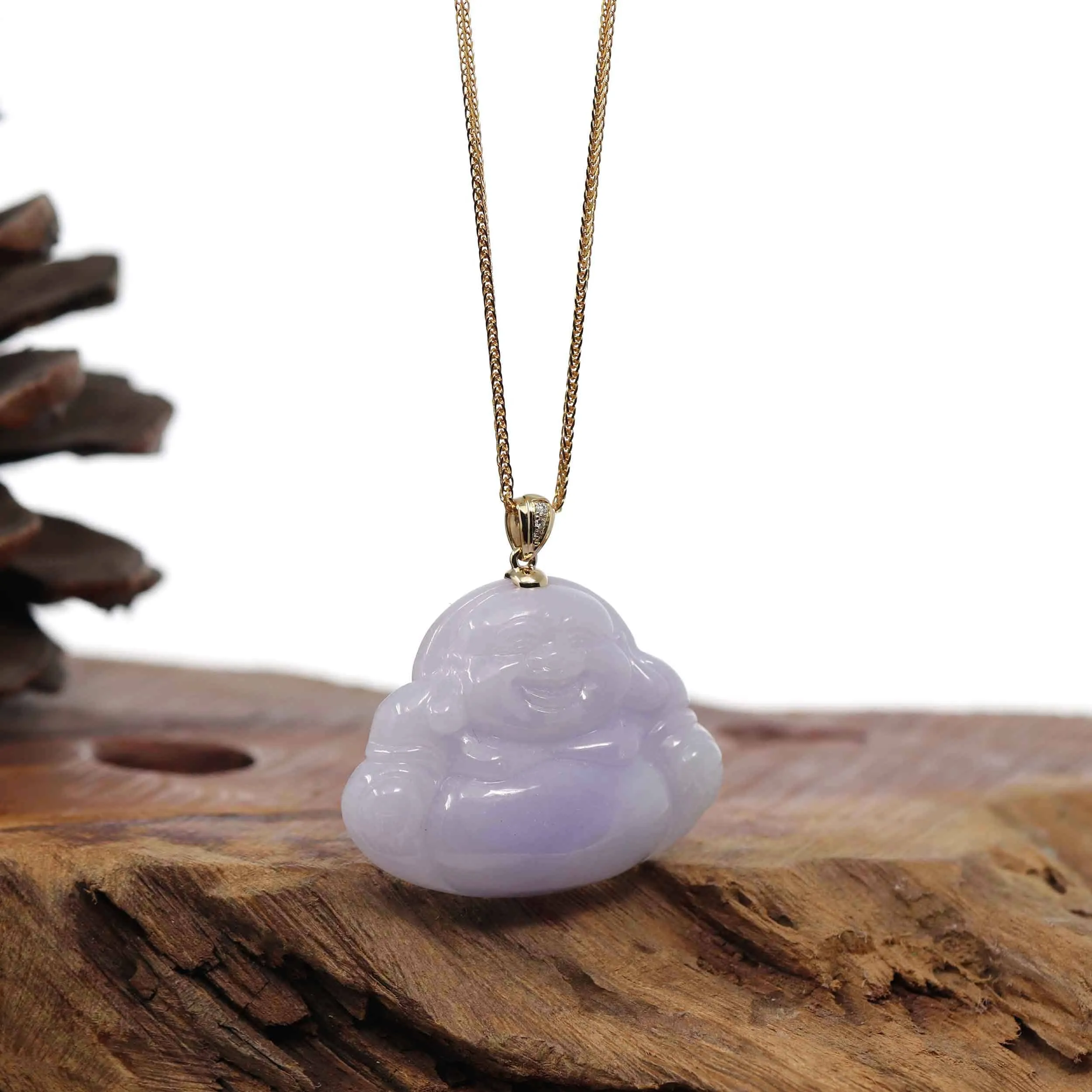 RealJade® Co. "Laughing Buddha" 14k Yellow Gold Genuine Green and Lavender Jadeite Jade with VS1 Diamonds