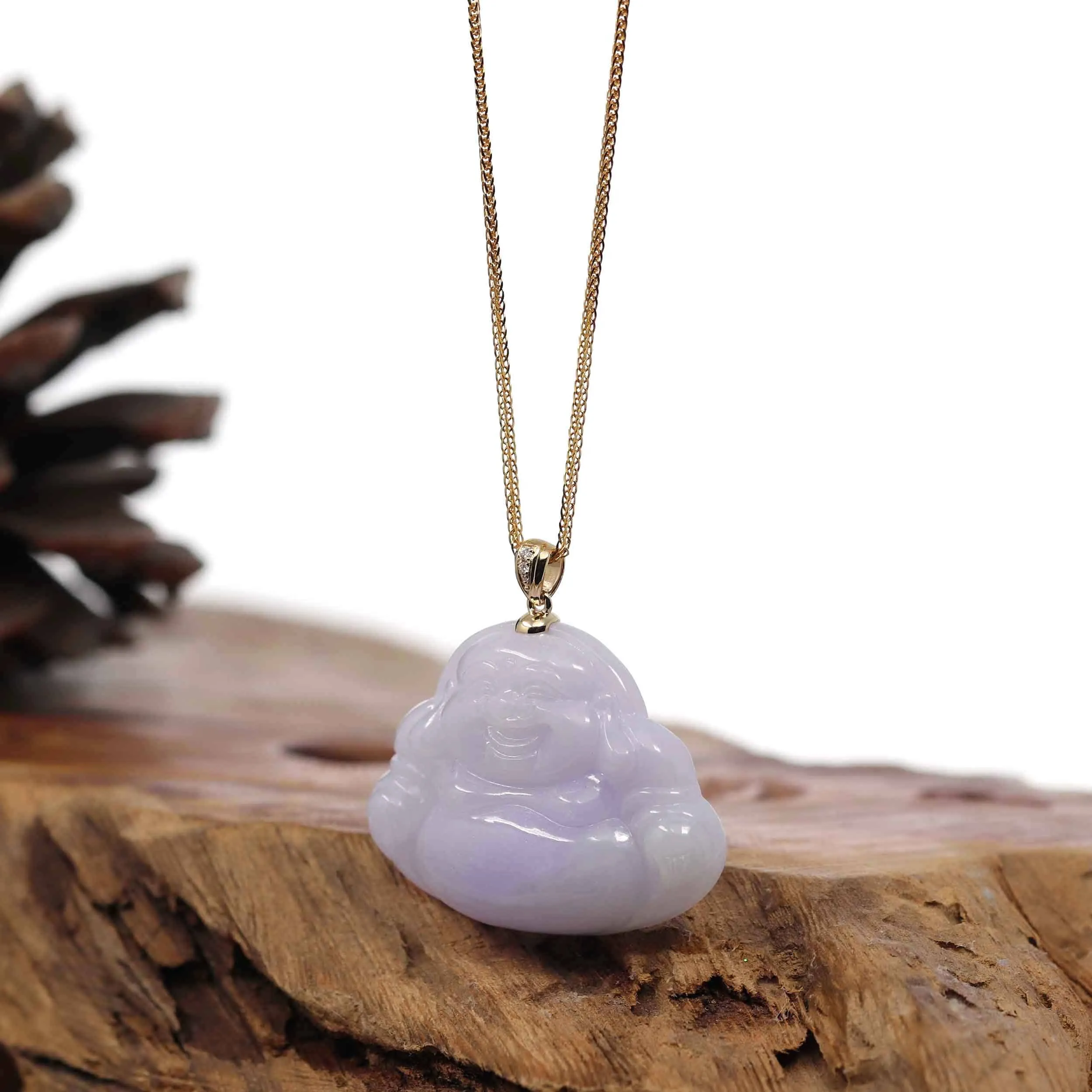RealJade® Co. "Laughing Buddha" 14k Yellow Gold Genuine Green and Lavender Jadeite Jade with VS1 Diamonds