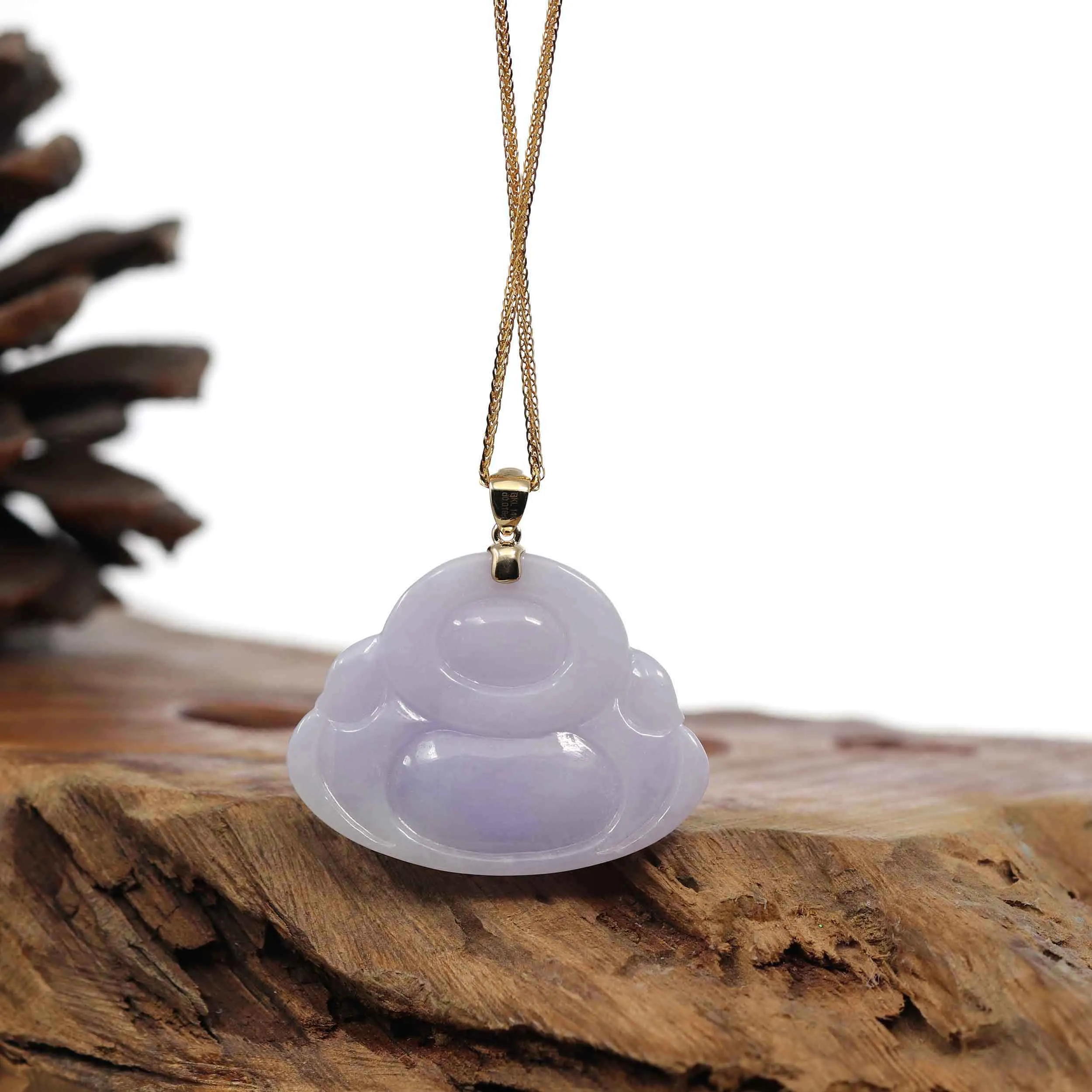 RealJade® Co. "Laughing Buddha" 14k Yellow Gold Genuine Green and Lavender Jadeite Jade with VS1 Diamonds