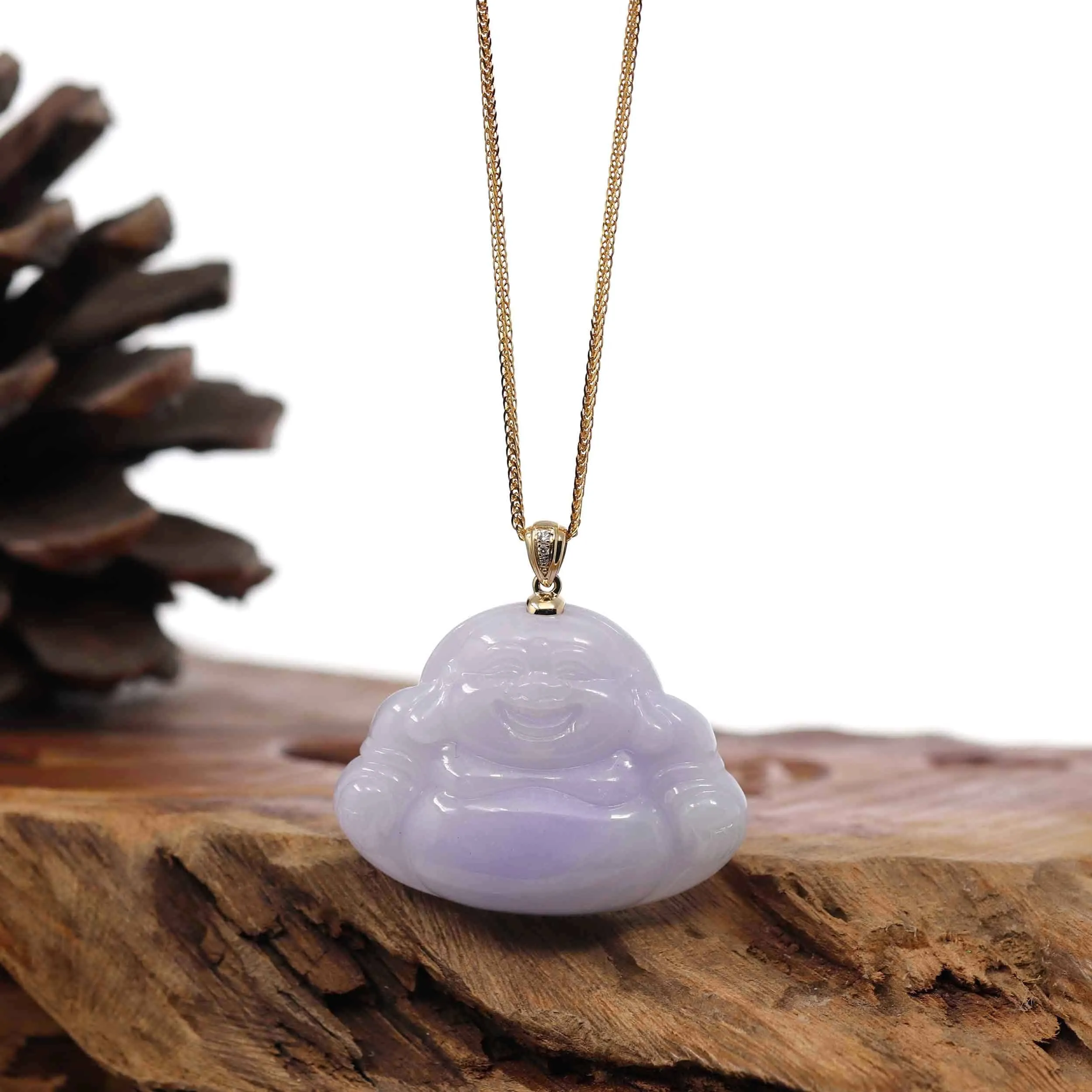 RealJade® Co. "Laughing Buddha" 14k Yellow Gold Genuine Green and Lavender Jadeite Jade with VS1 Diamonds