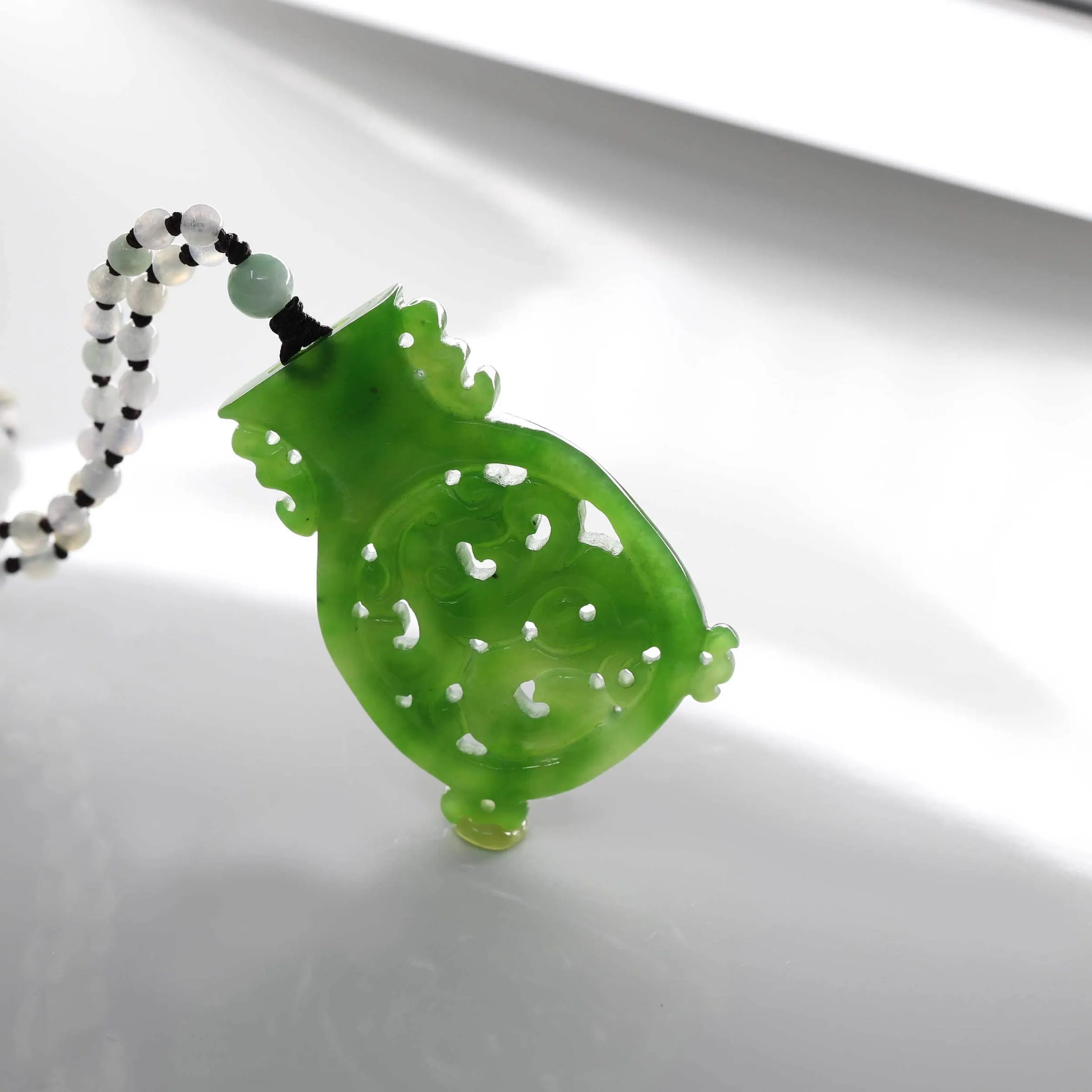 RealJade® "Jade Dragon" Genuine HeTian Nephrite Green Jade Good Luck Vase Pendant Necklace With Dragon