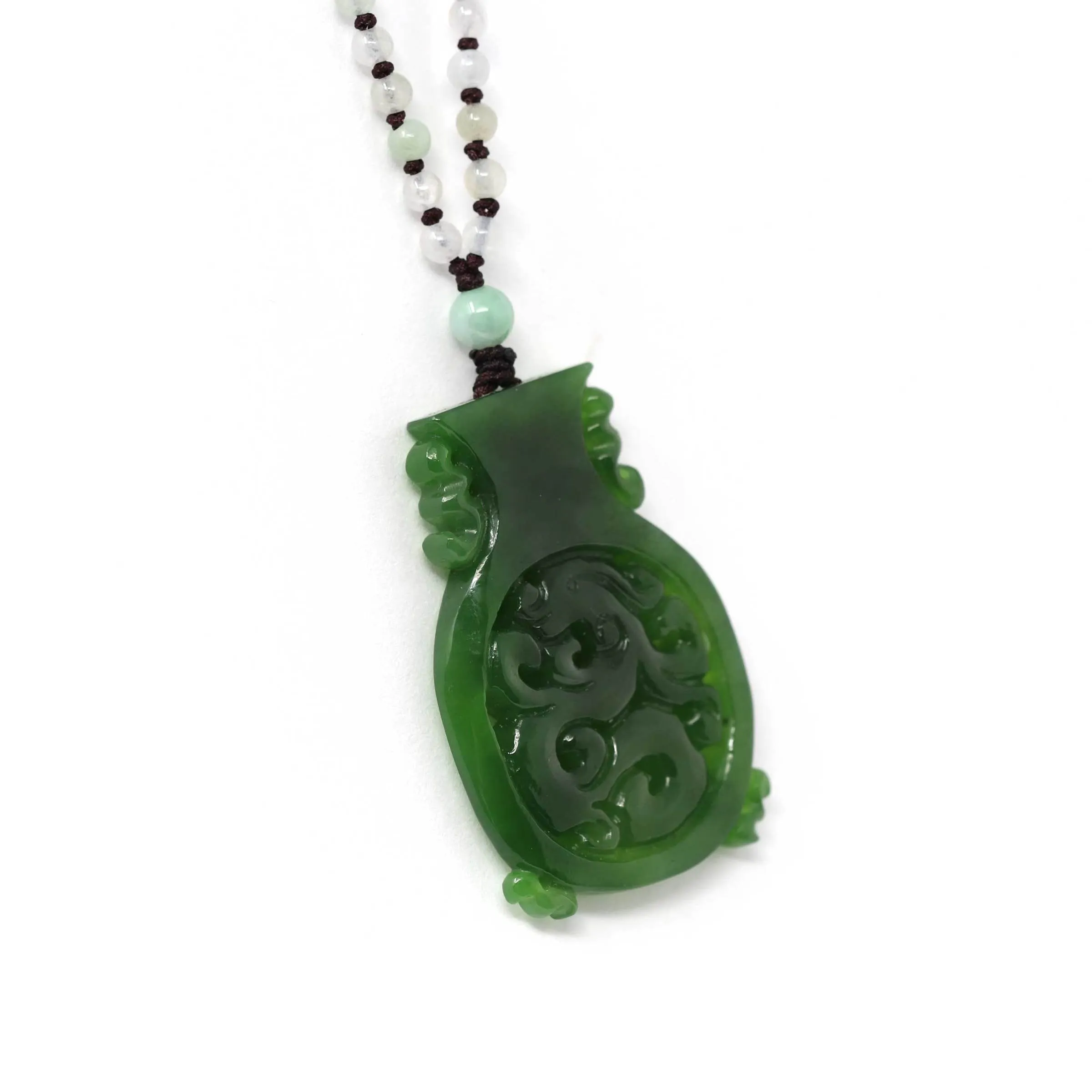 RealJade® "Jade Dragon" Genuine HeTian Nephrite Green Jade Good Luck Vase Pendant Necklace With Dragon