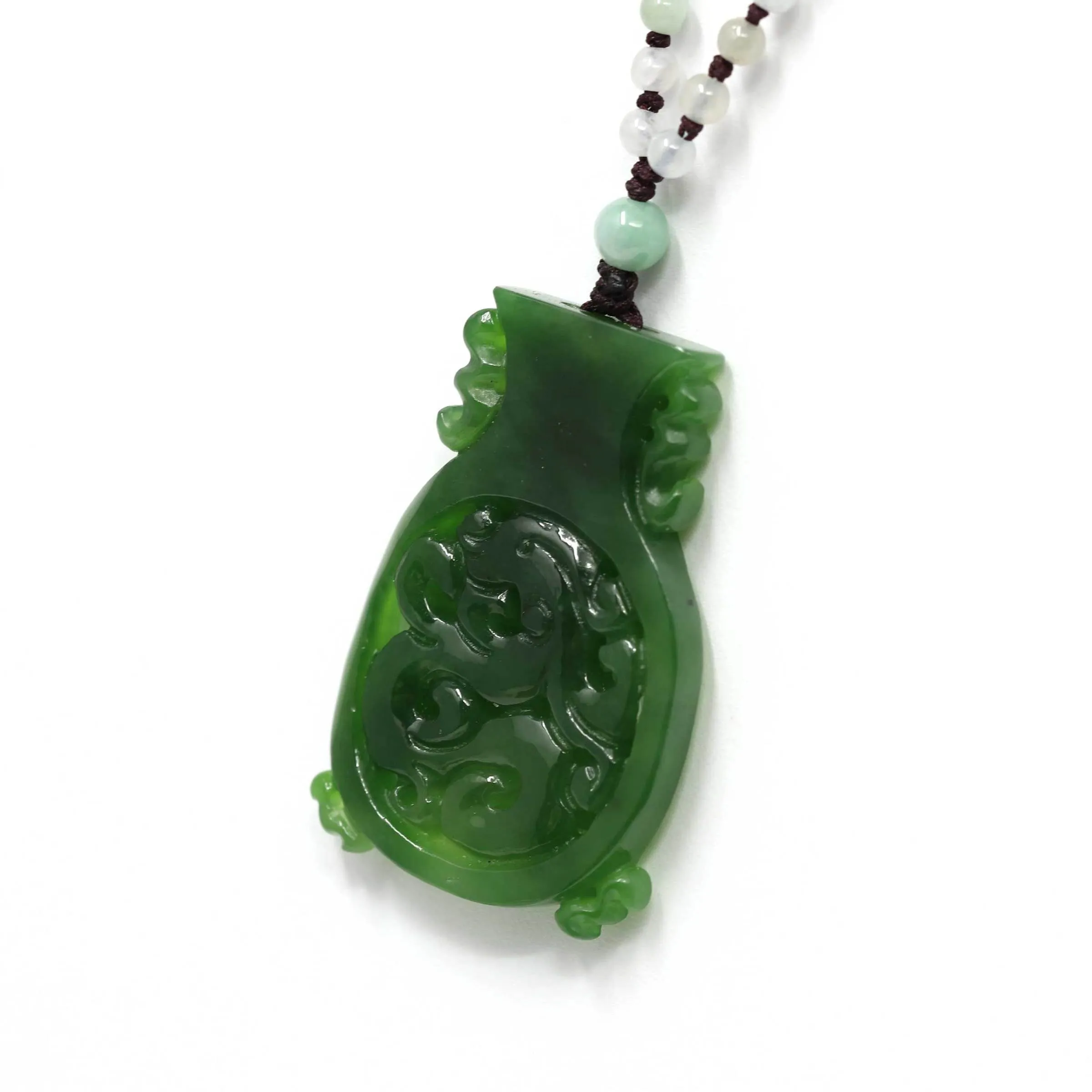 RealJade® "Jade Dragon" Genuine HeTian Nephrite Green Jade Good Luck Vase Pendant Necklace With Dragon