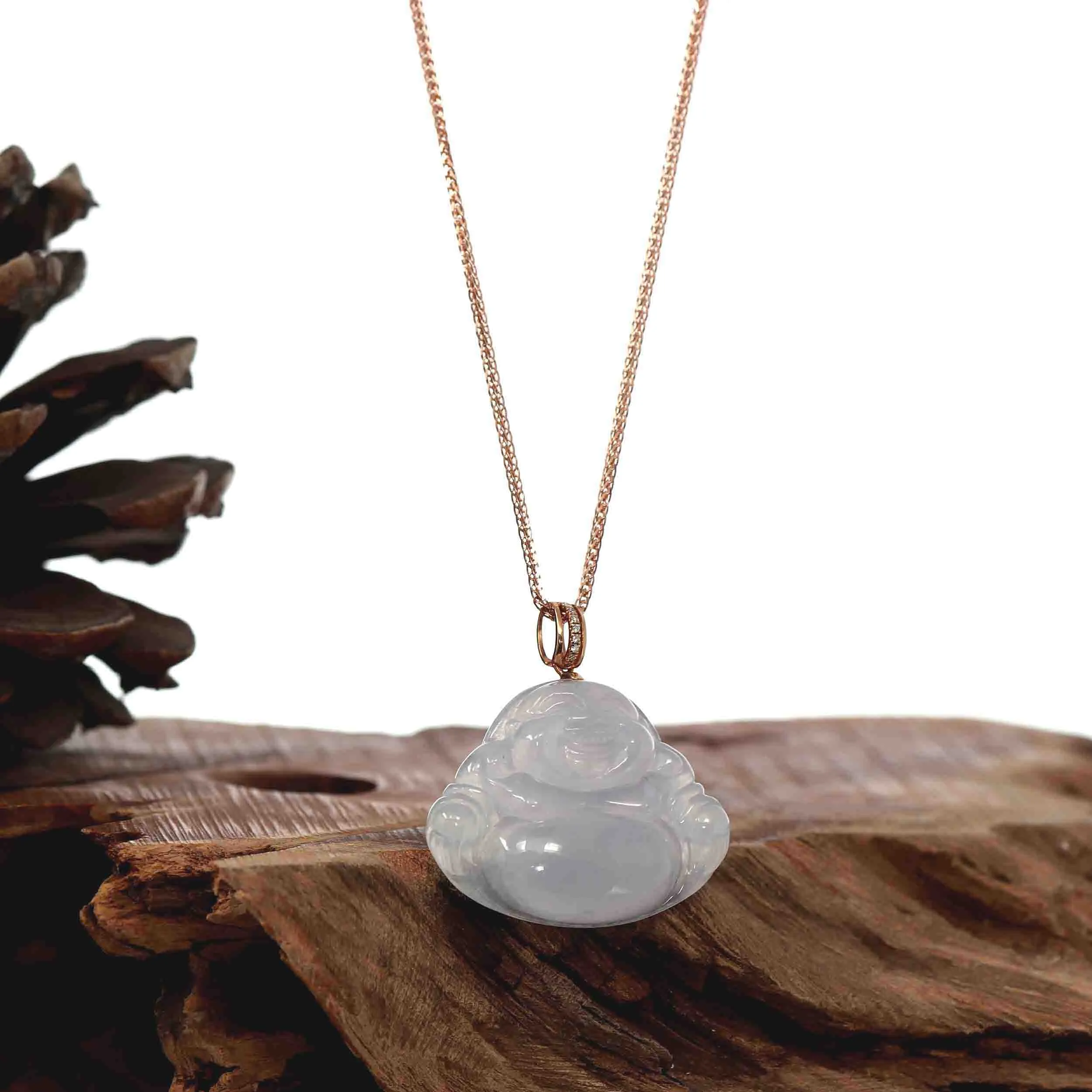 RealJade® "Laughing Buddha" 18k Rose Gold Genuine Ice Jadeite Jade with Diamonds Bail