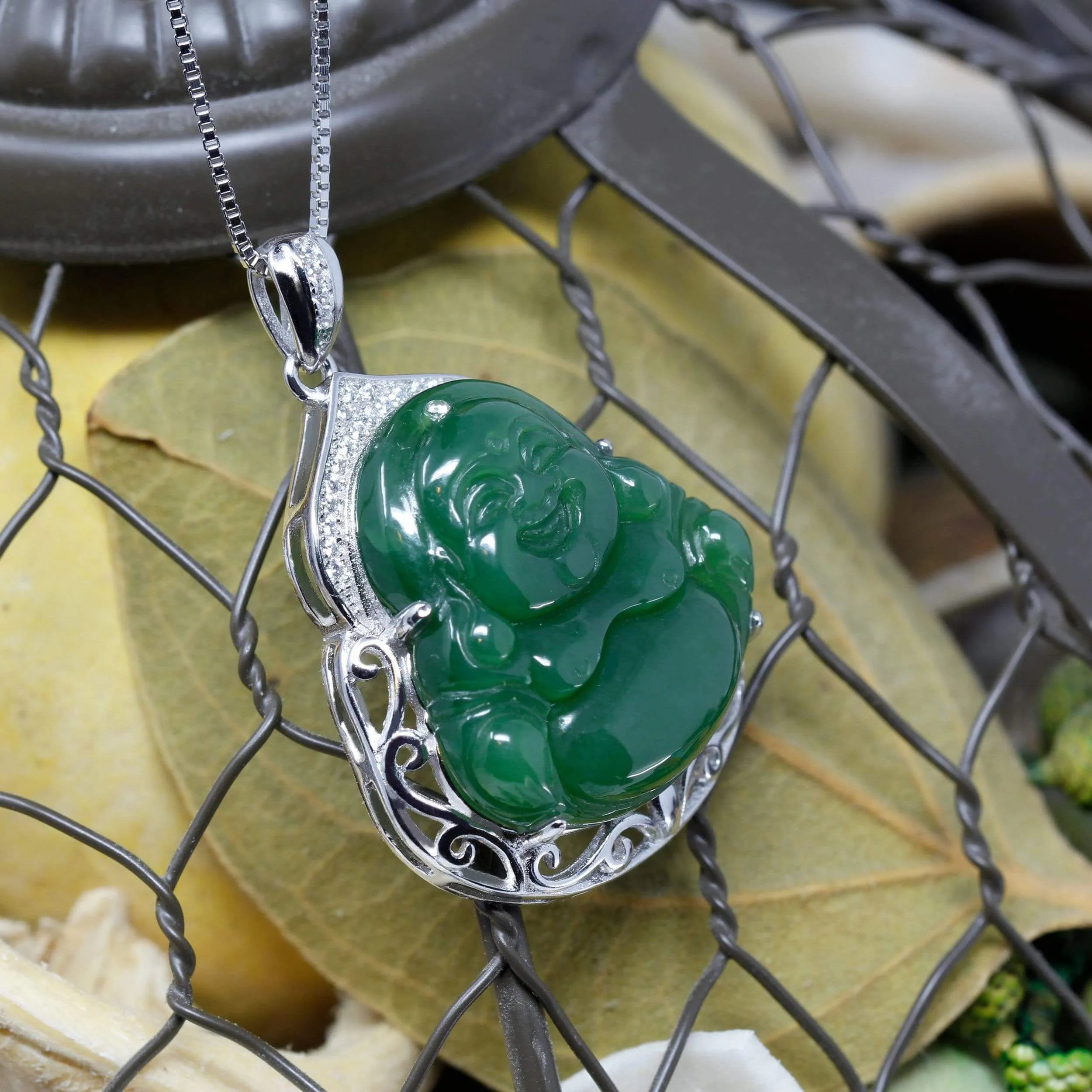 RealJade® "Laughing Buddha" Genuine Nephrite Green Jade (high quality) Buddha Pendant Necklace