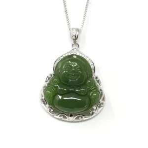 RealJade® "Laughing Buddha" Genuine Nephrite Green Jade (high quality) Buddha Pendant Necklace