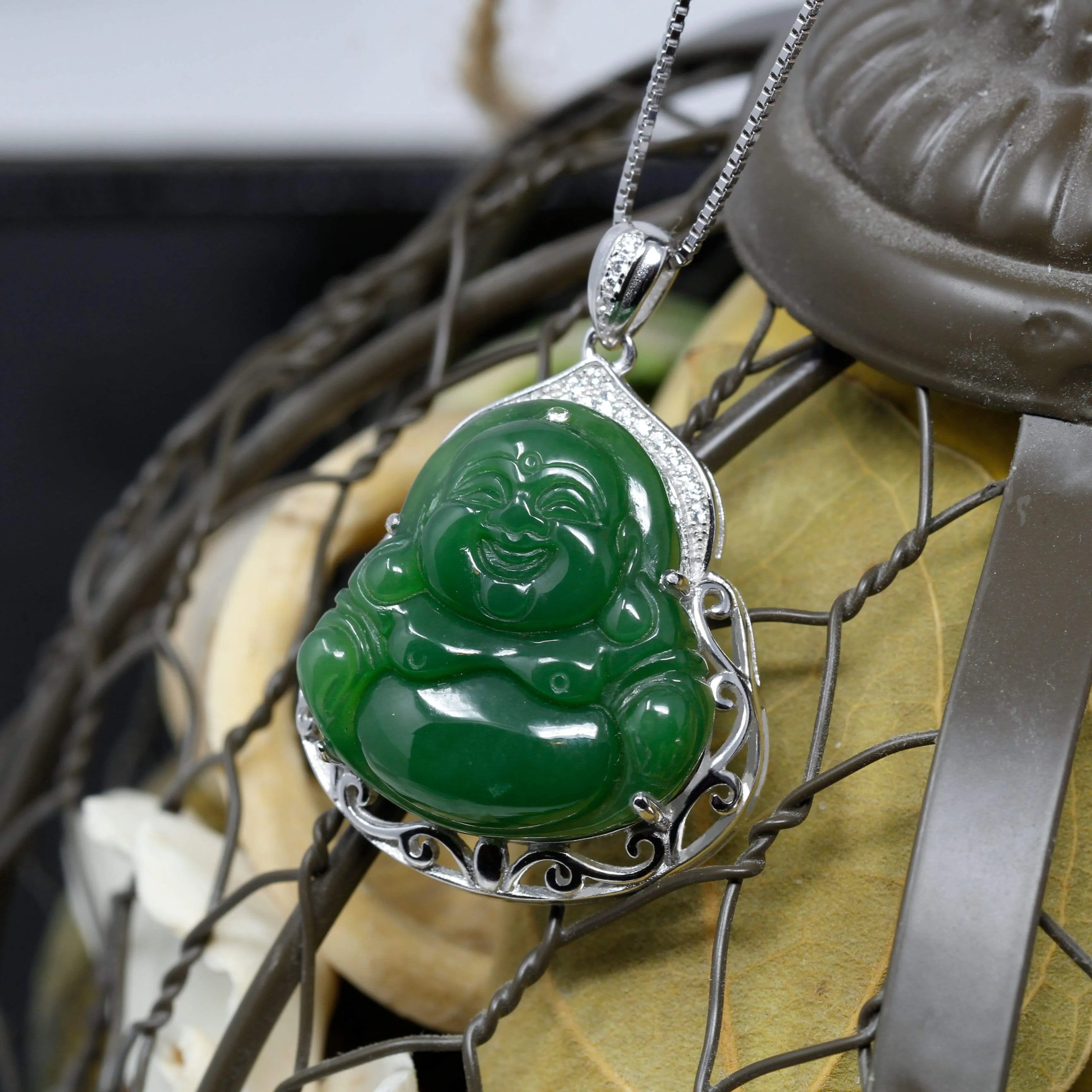 RealJade® "Laughing Buddha" Genuine Nephrite Green Jade (high quality) Buddha Pendant Necklace