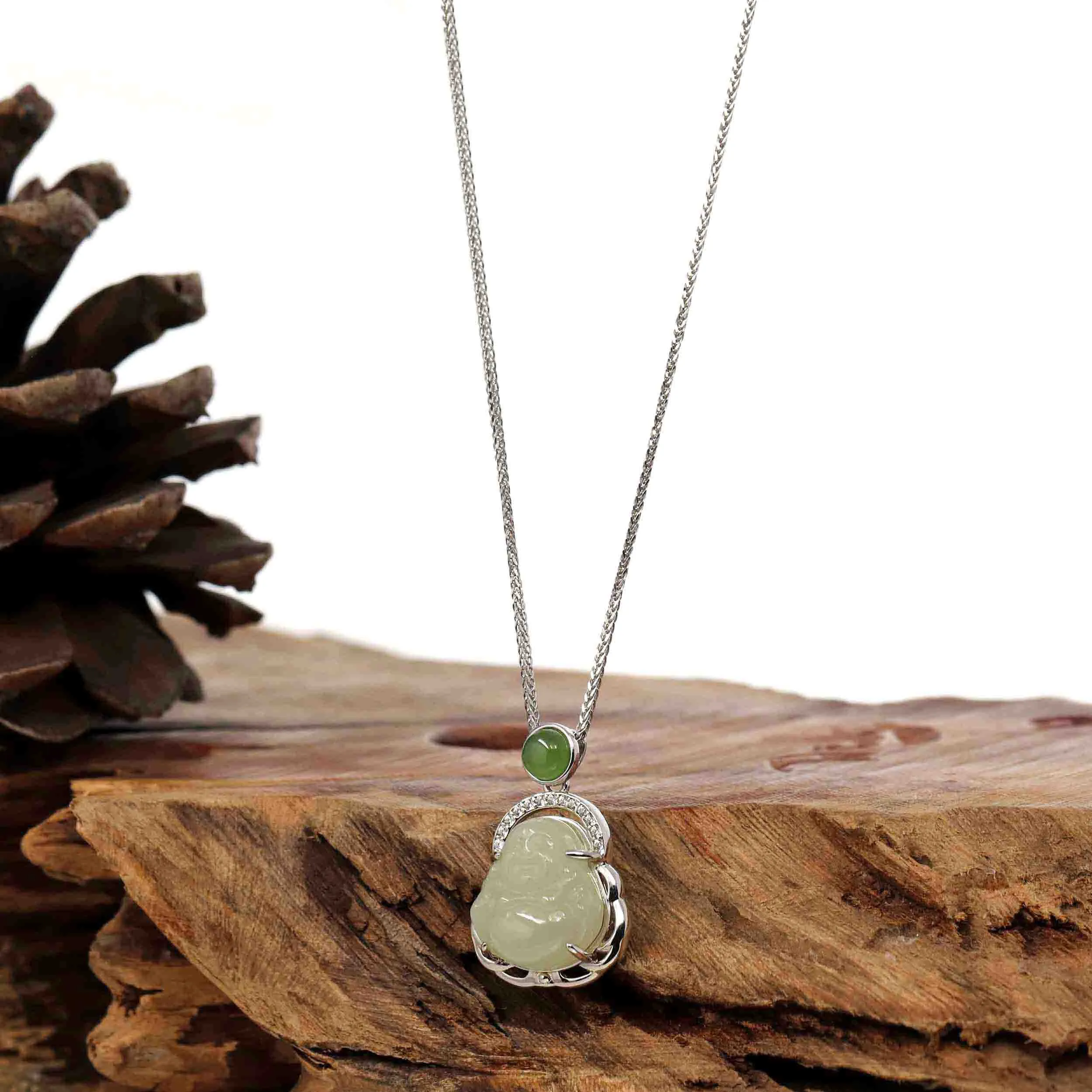RealJade® "Laughing Buddha" Genuine Nephrite White Jade Buddha Pendant Necklace
