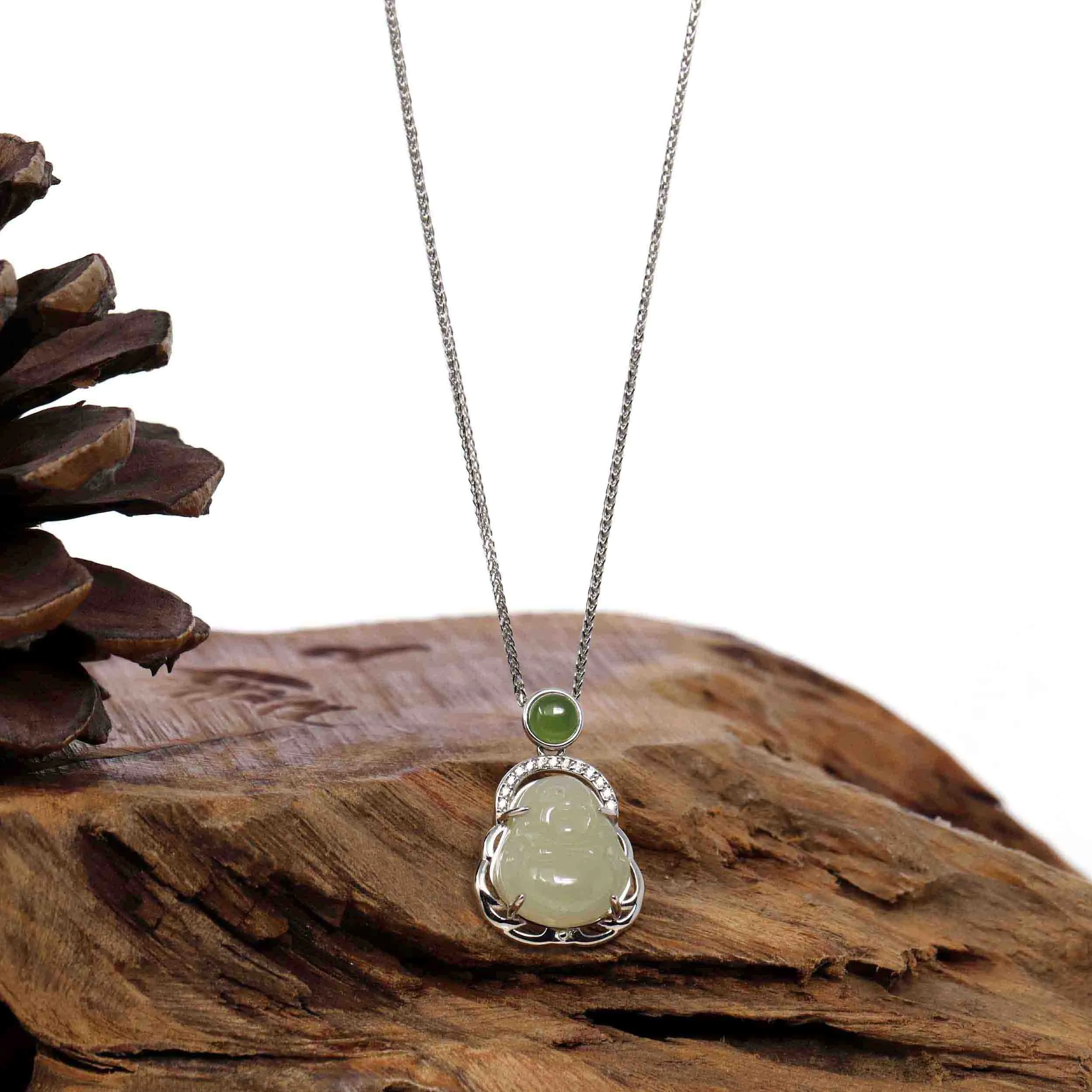 RealJade® "Laughing Buddha" Genuine Nephrite White Jade Buddha Pendant Necklace