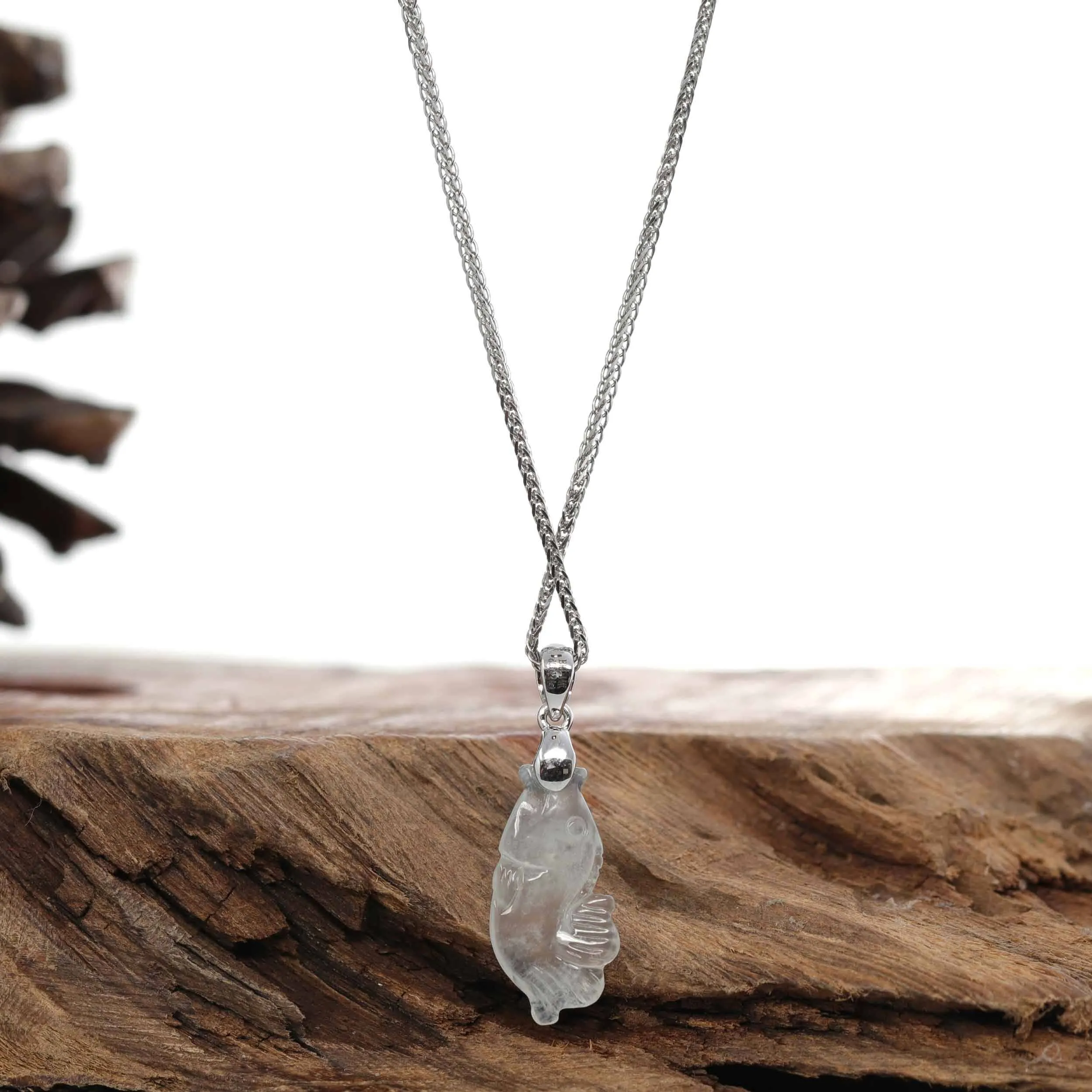 RealJade® "Prosperity Every Year (年年有鱼)" Lucky Fish Carving Pendant Necklace Natural Ice Jadeite Jade JG153