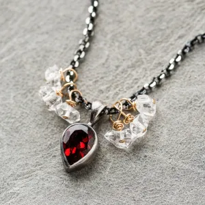 Red Garnet Pear Necklace with Herkimer Diamond on Shimmer Chain
