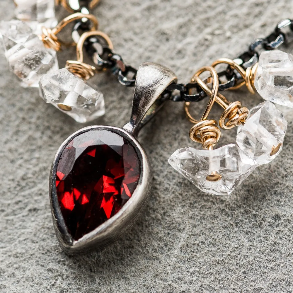 Red Garnet Pear Necklace with Herkimer Diamond on Shimmer Chain