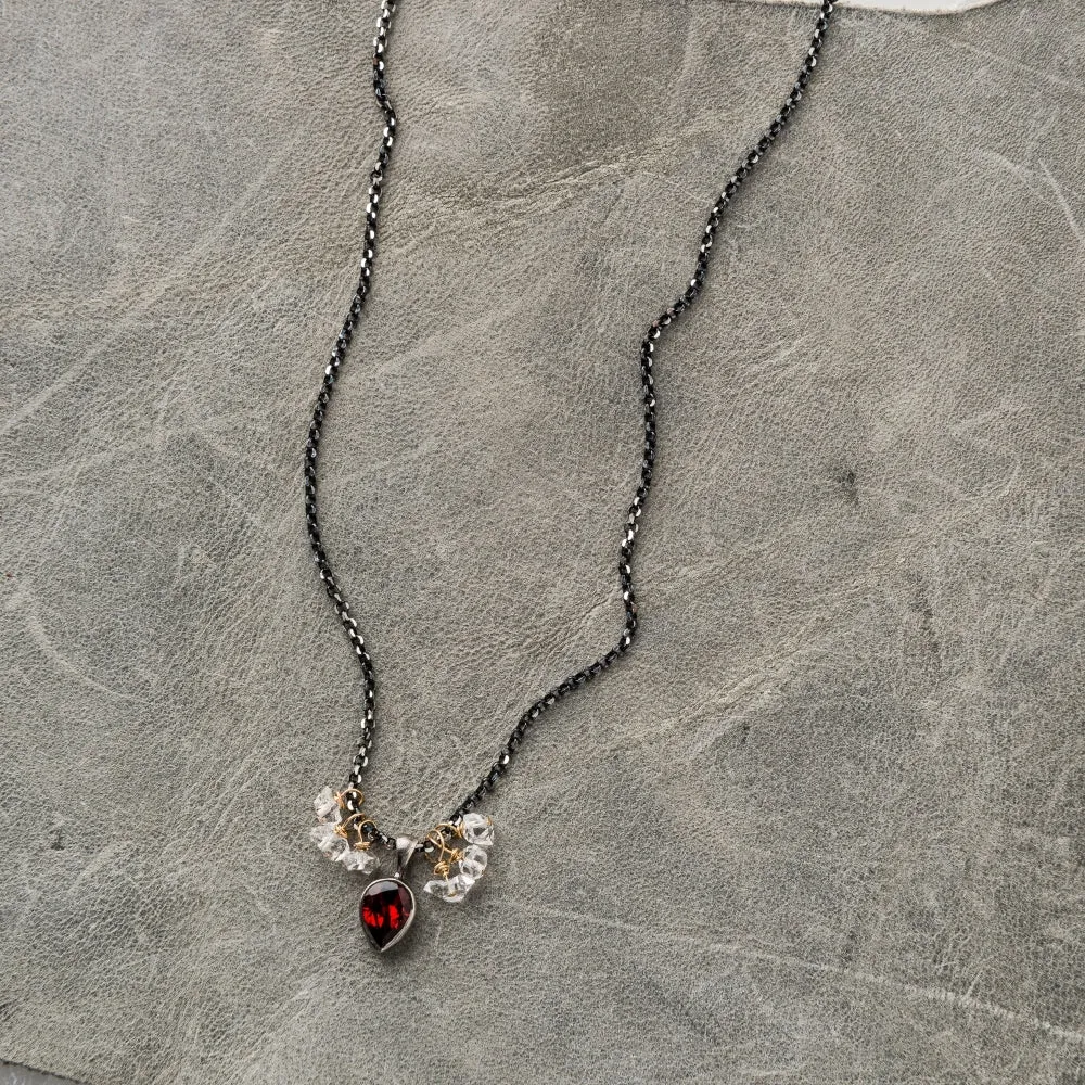 Red Garnet Pear Necklace with Herkimer Diamond on Shimmer Chain