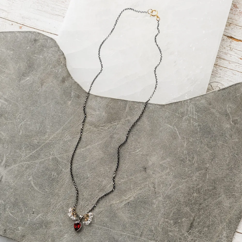 Red Garnet Pear Necklace with Herkimer Diamond on Shimmer Chain
