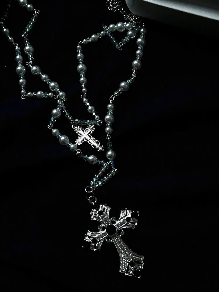 Red/White  Gothic Lolita Beaded Necklace with Cross Pendent