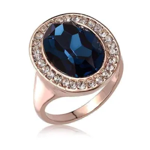 Rhapsody in Blue Classic Oval Sapphire Blue and Diamond Austrian Crystal Halo Cocktail Ring